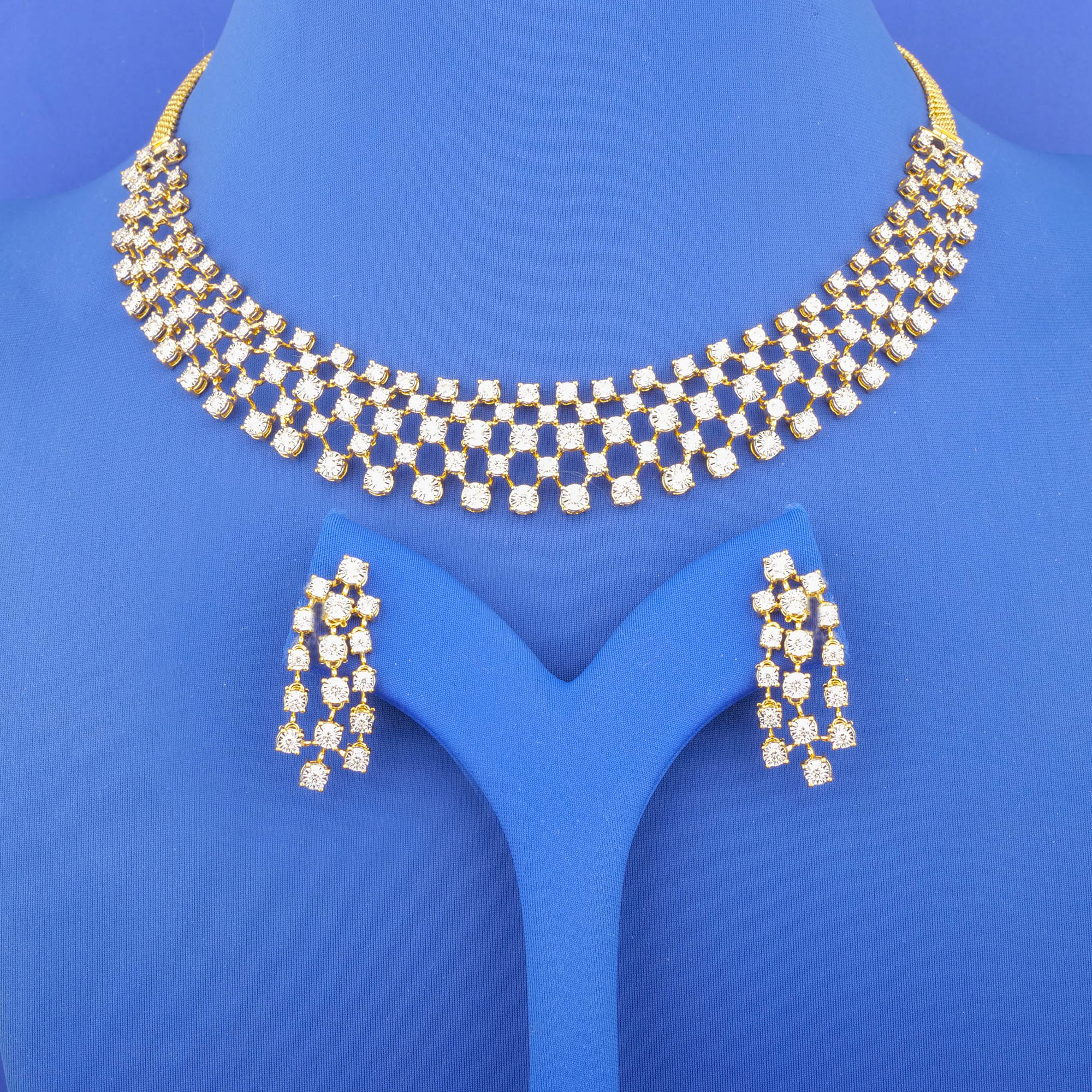 18K Yellow Gold Diamond Necklace and Earrings Set