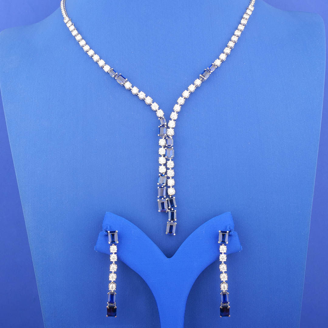 18K White Gold Diamond Necklace and Earrings Set w/ Blue Onyx