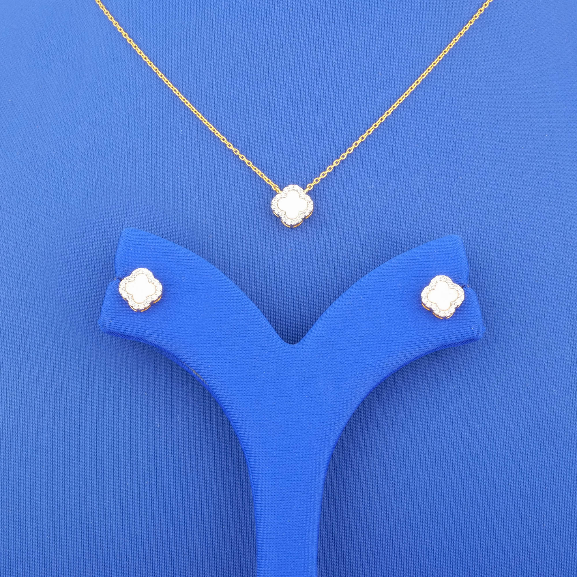 18K Yellow Gold Diamond 'Clover' Mother of Pearl Necklace and Earrings Set