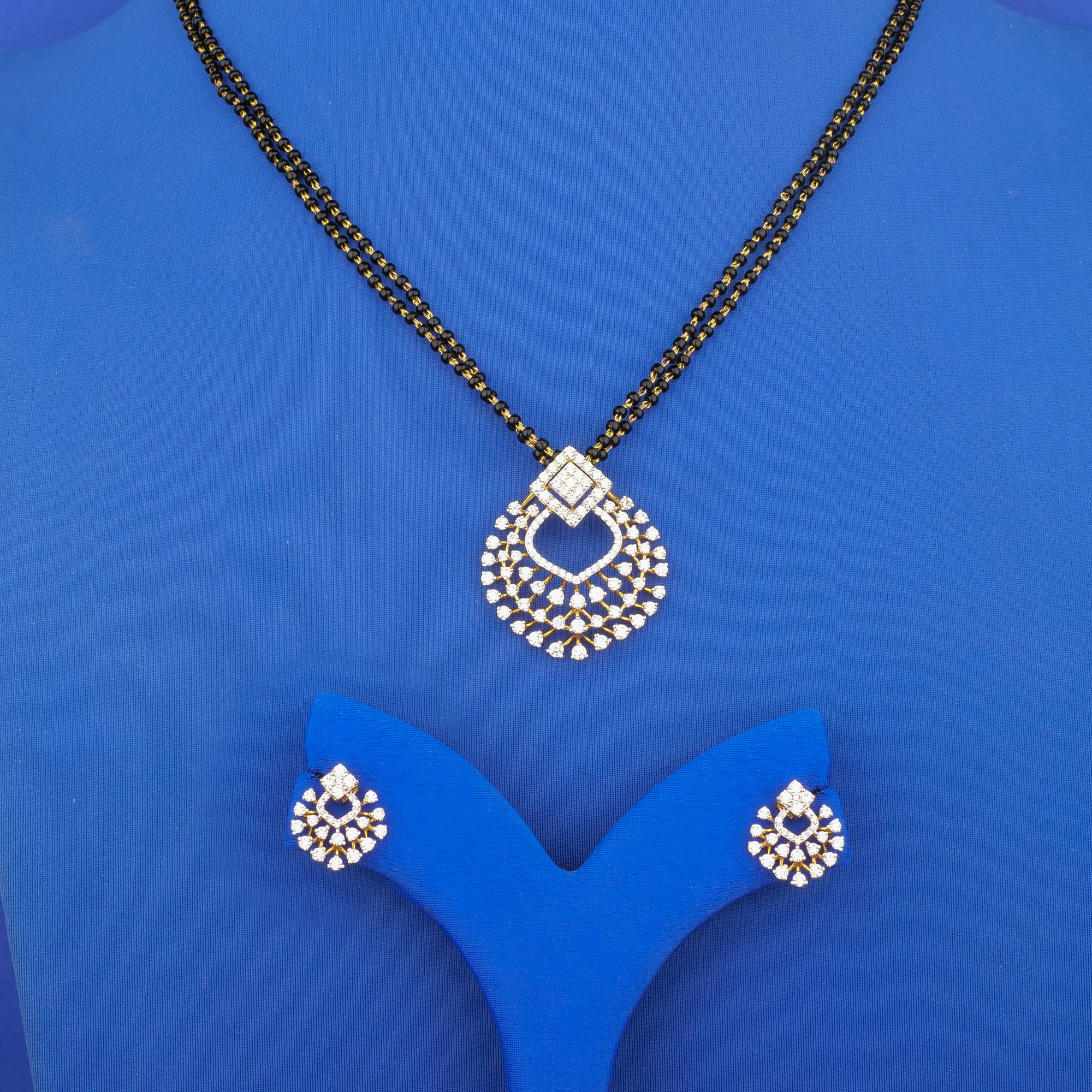 18K Yellow Gold Diamond Mangalsutra Necklace and Earrings Set
