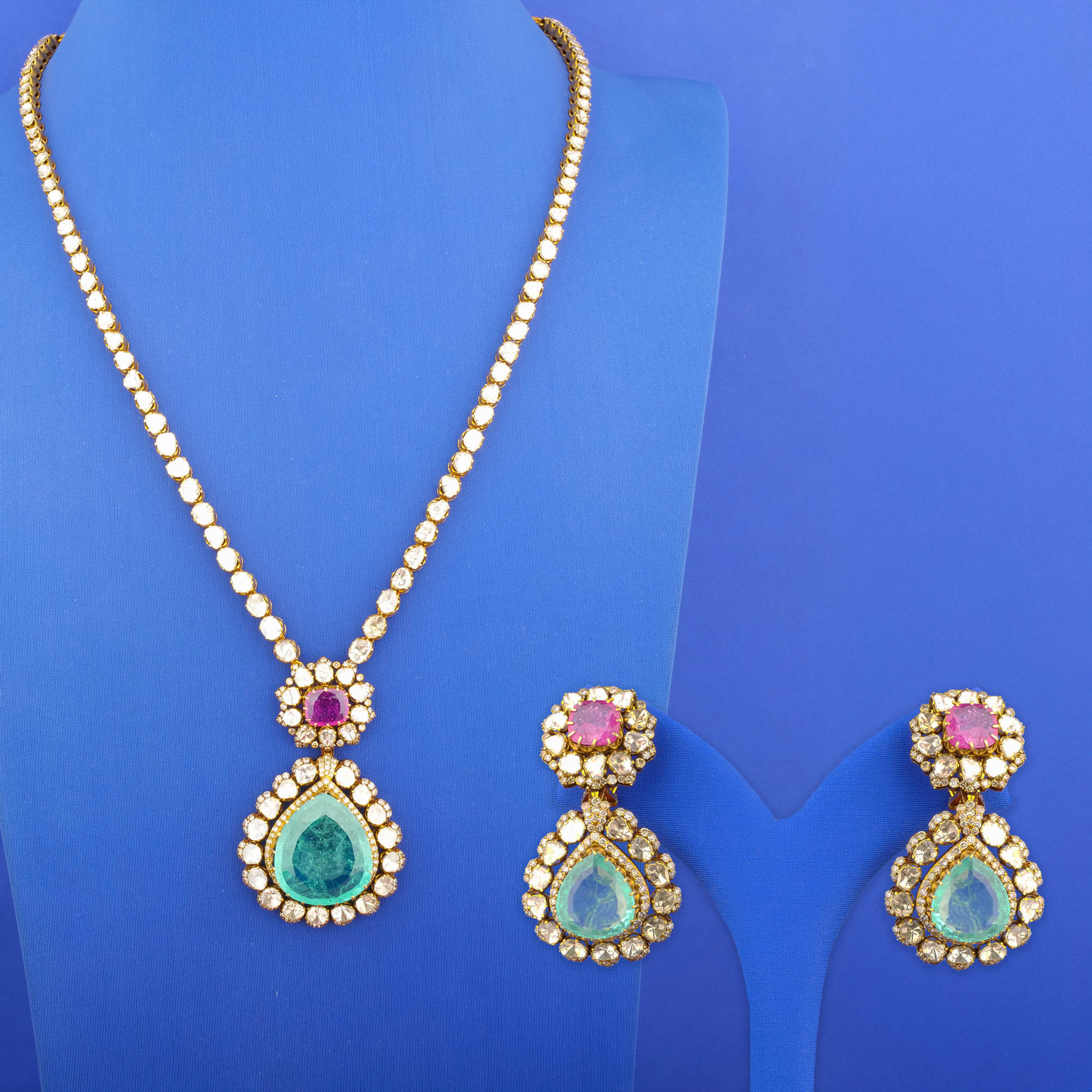 18K 'Victorian' Diamond/Polki Diamond Necklace and Earrings Set w/ Treated Emeralds