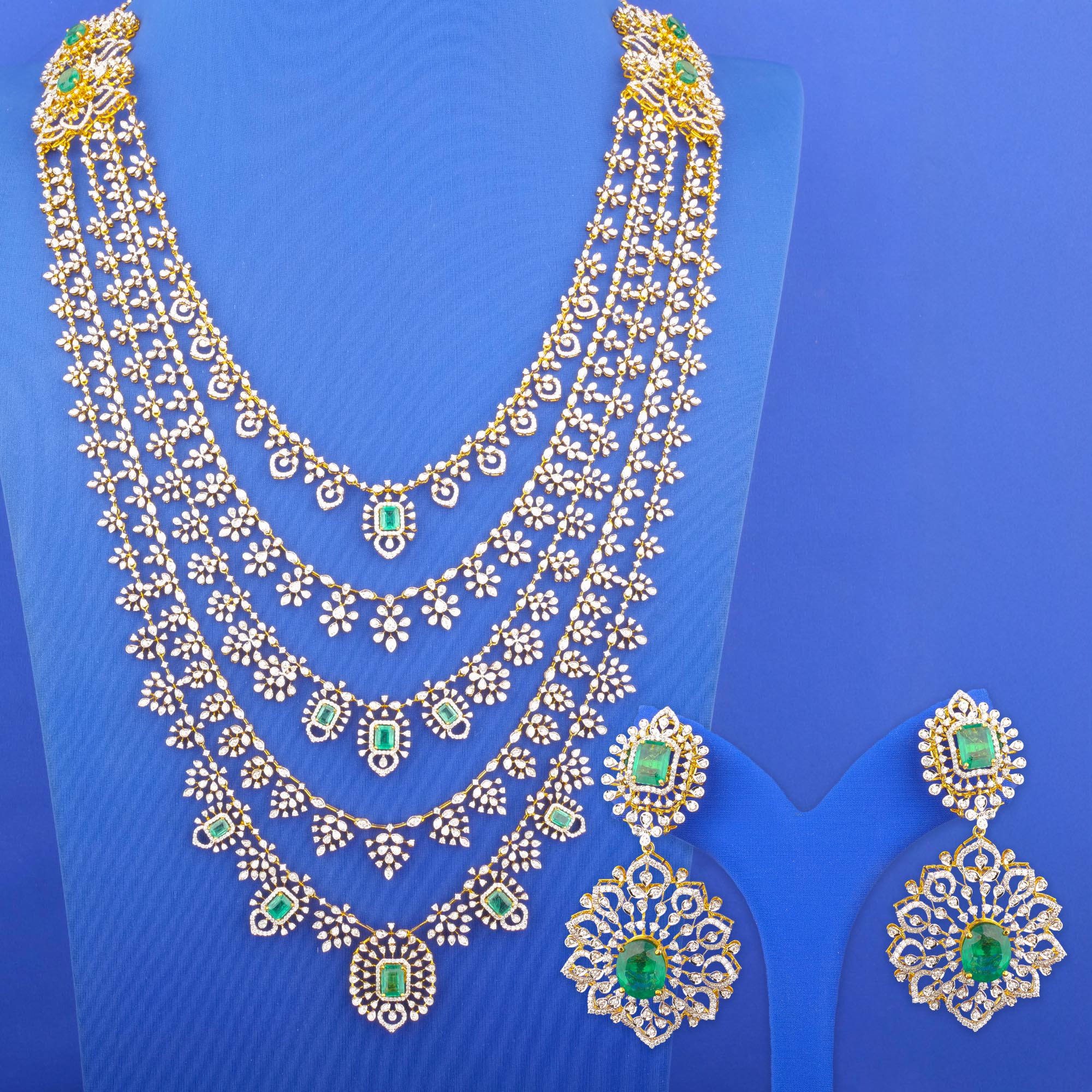 18K Yellow Gold Diamond Necklace and Earrings Set (Intchg.) (Detachable)