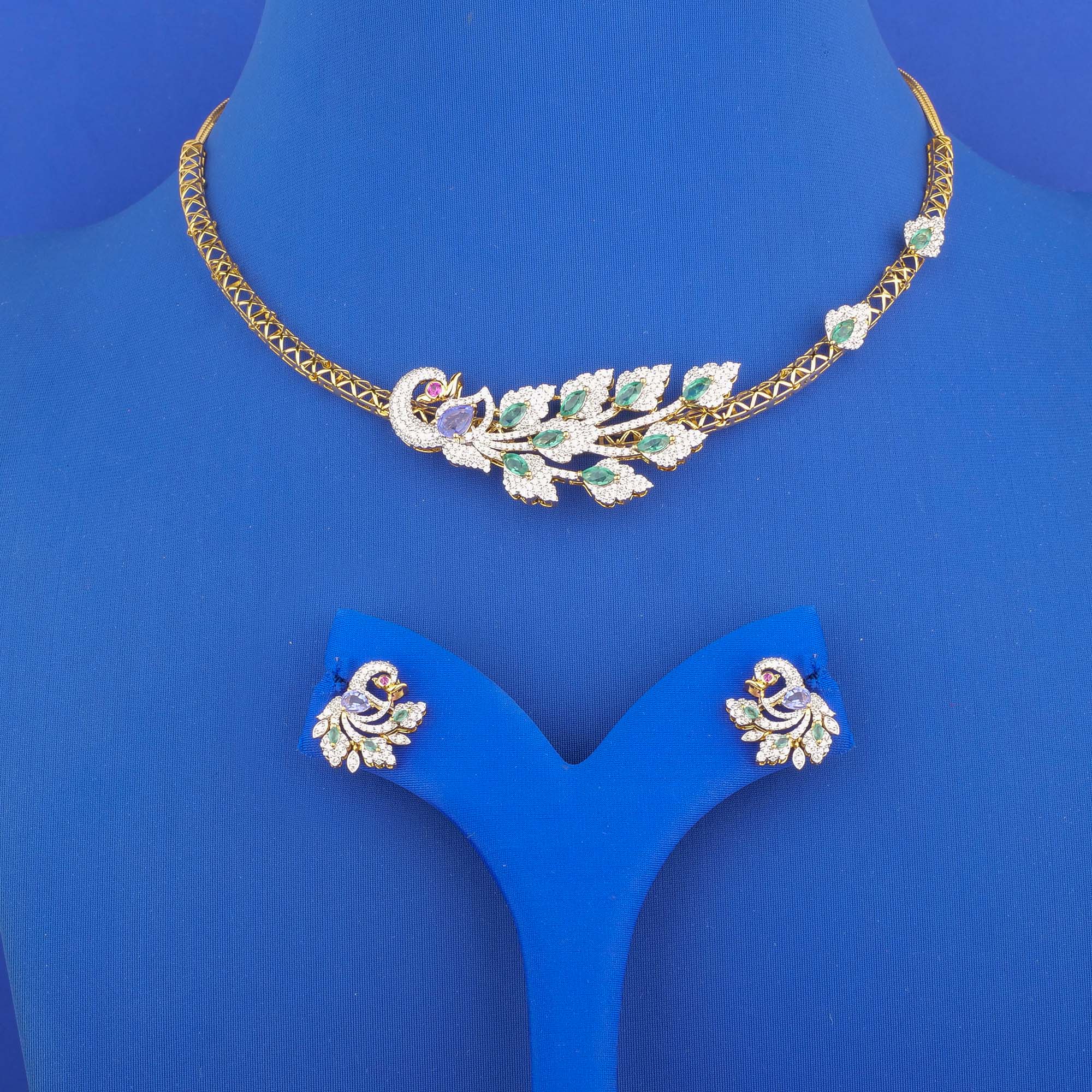 18K Yellow Gold Diamond 'Peacock' Necklace and Earrings Set