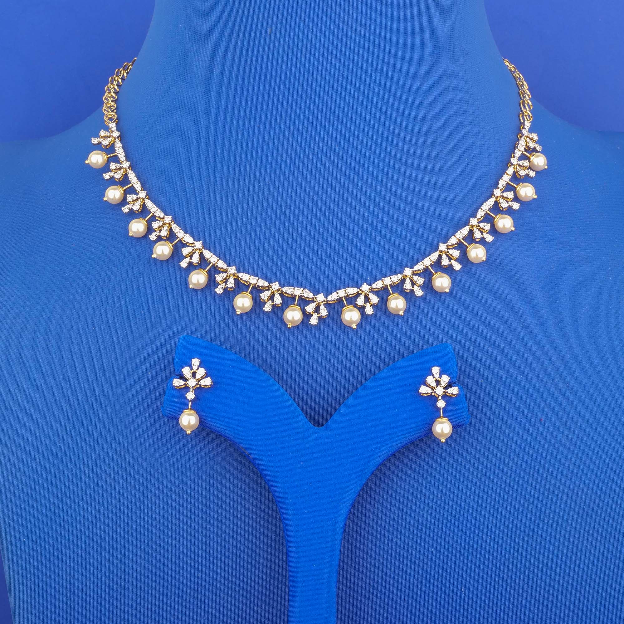 18K Yellow Gold Diamond Pearl Necklace and Earrings Set (Cat. #6A)