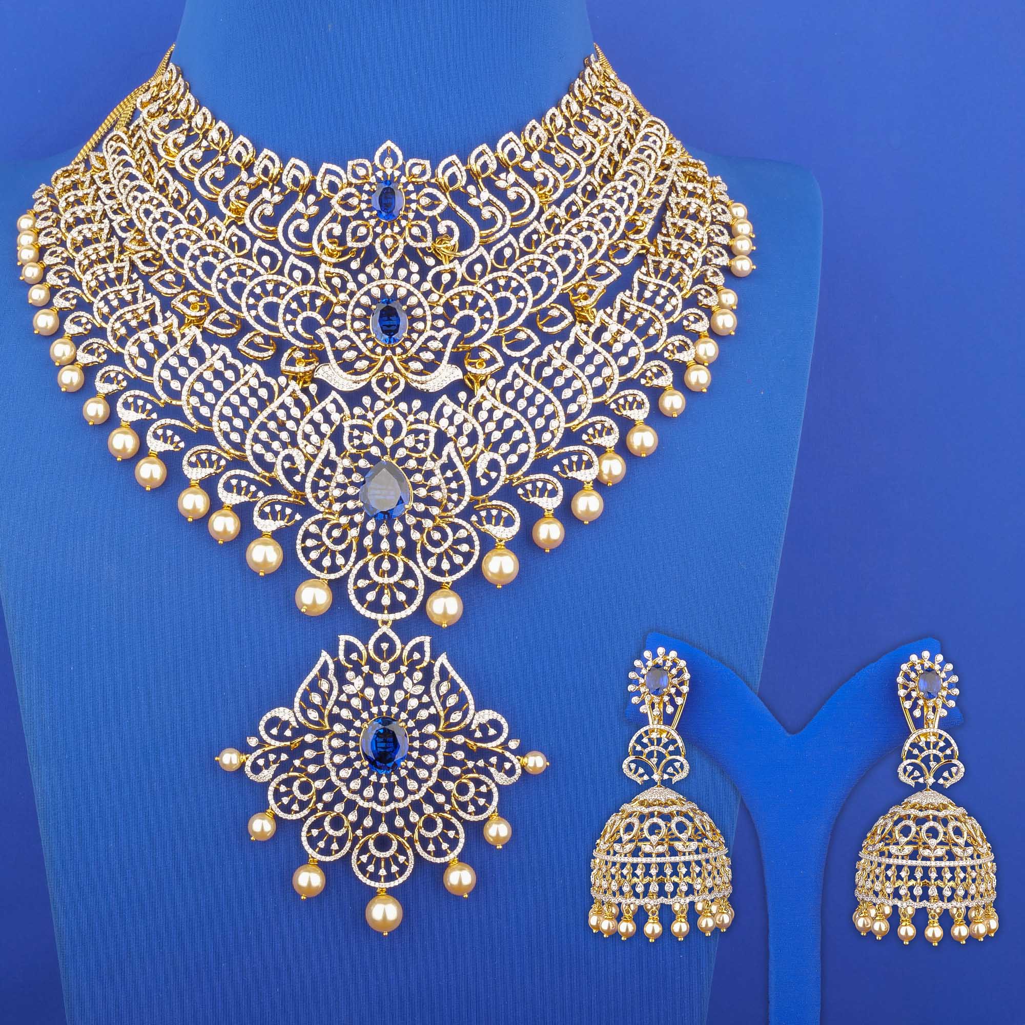 18K Yellow Gold Diamond Necklace and Earrings Set with Stones & Pearls