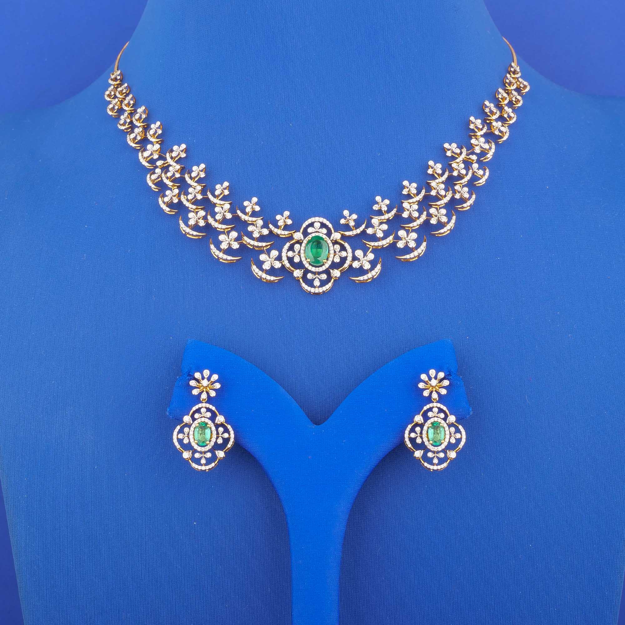 18K Yellow Gold Diamond Necklace and Earrings Set with Treated Emerald