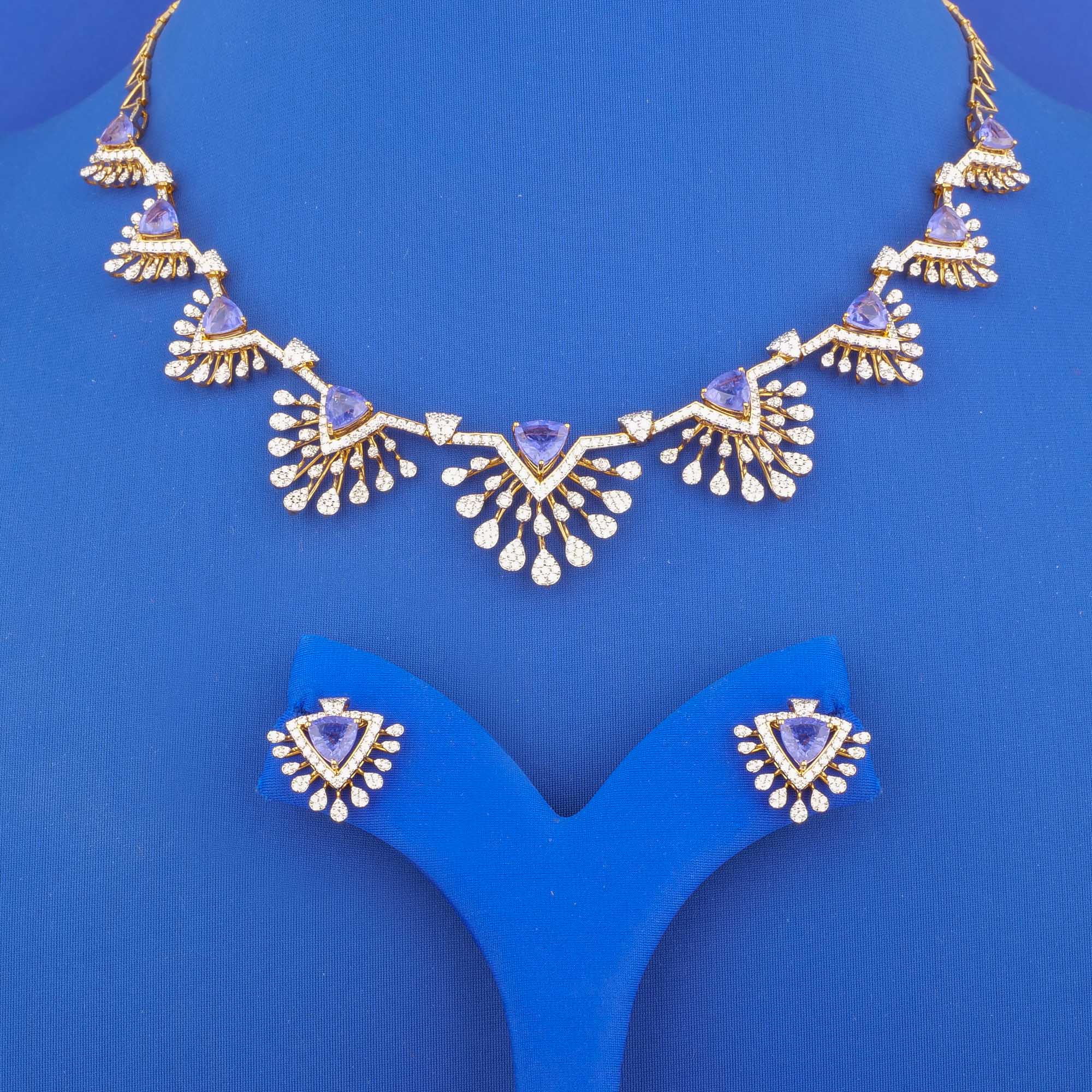 18K Yellow Gold Diamond Necklace and Earrings Set with Treated Tanzanite