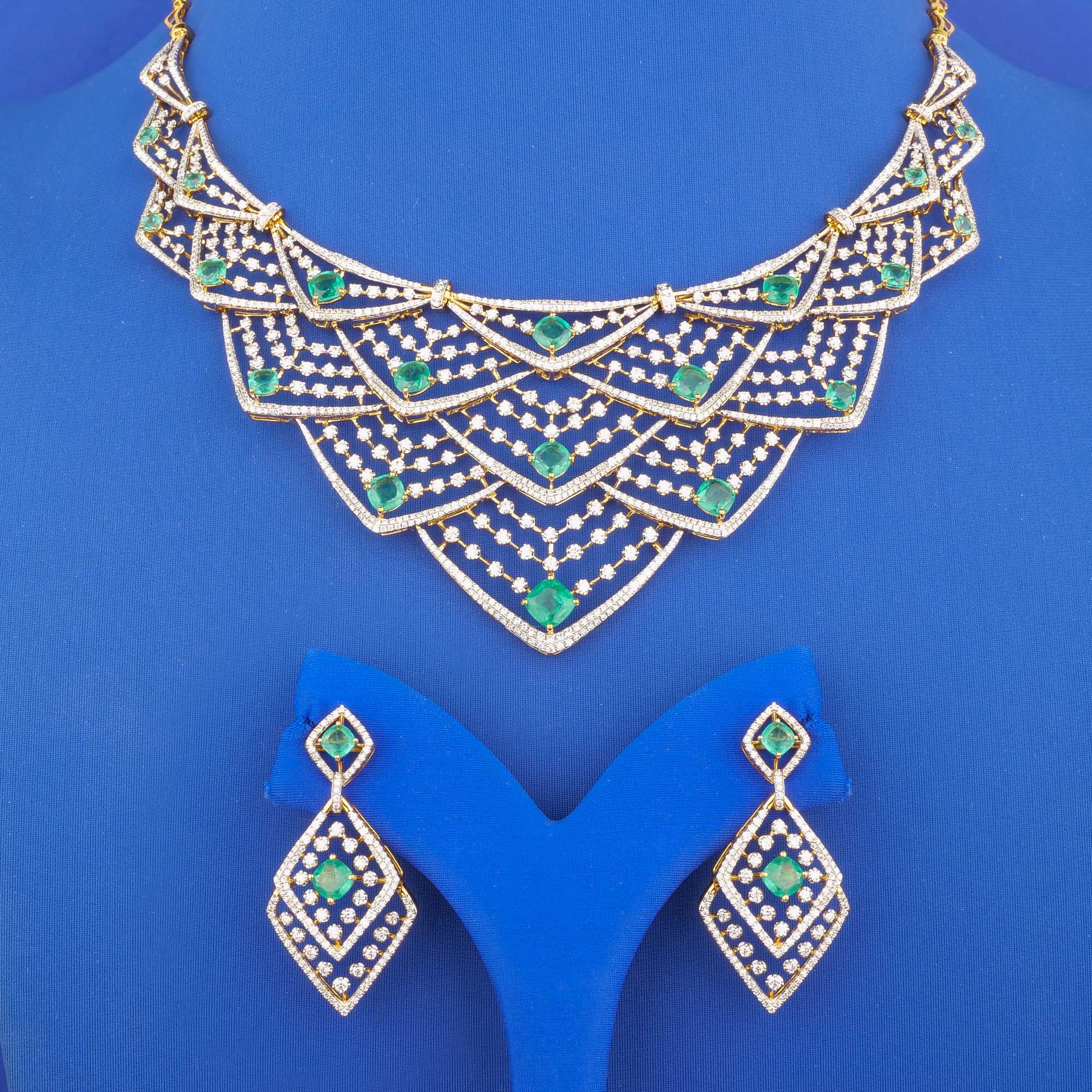 18K Yellow Gold Diamond Necklace and Earrings Set with Treated Emerald