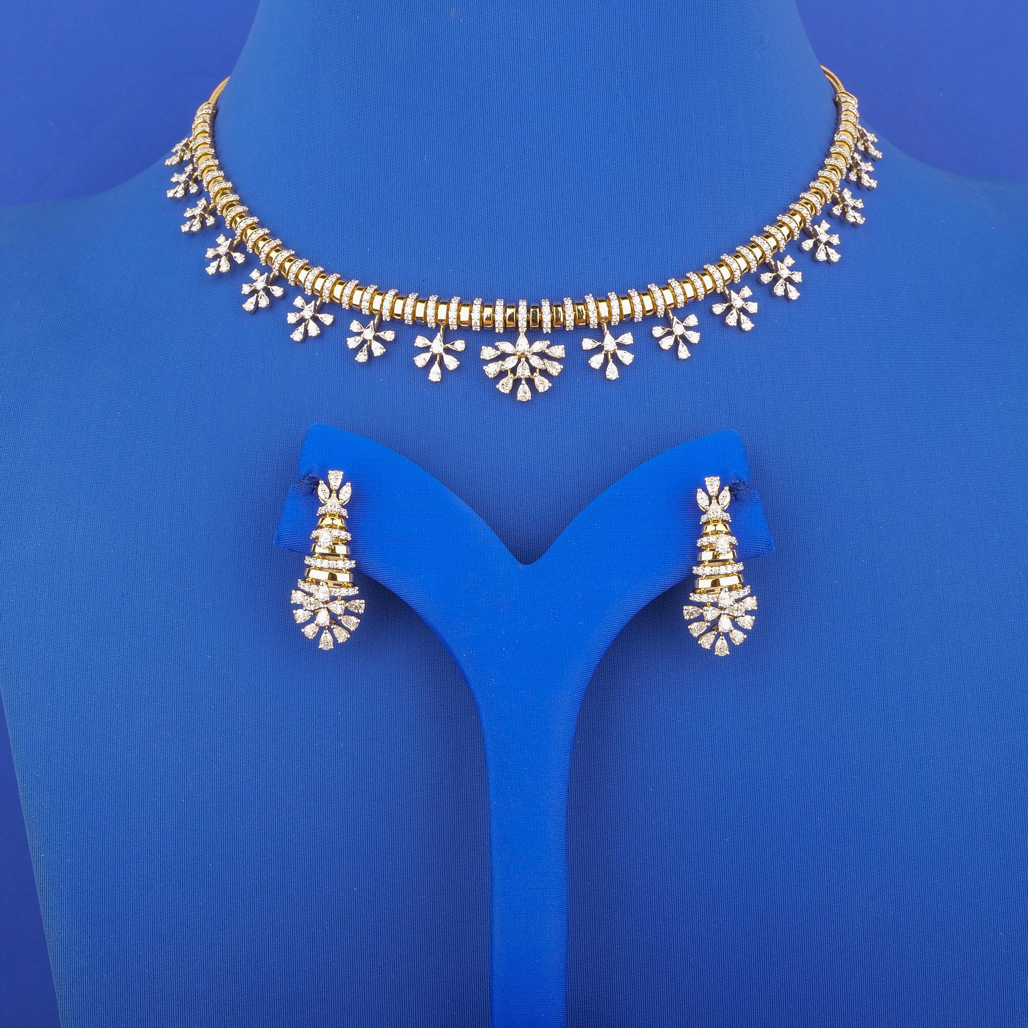 18K Yellow Gold Diamond Necklace and Earrings Set