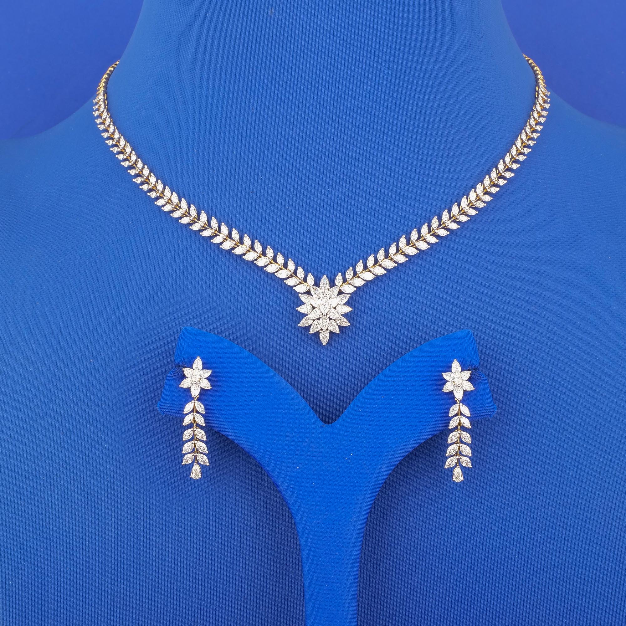 18K Yellow Gold Diamond Necklace and Earrings Set