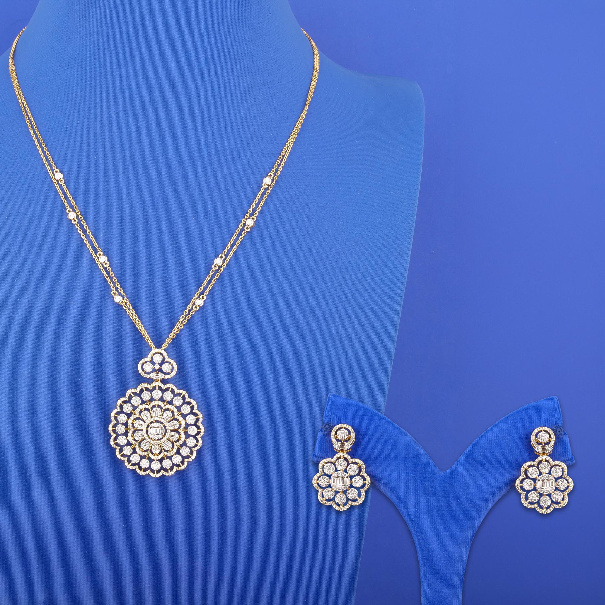 18K Yellow Gold Diamond Necklace and Earrings Set