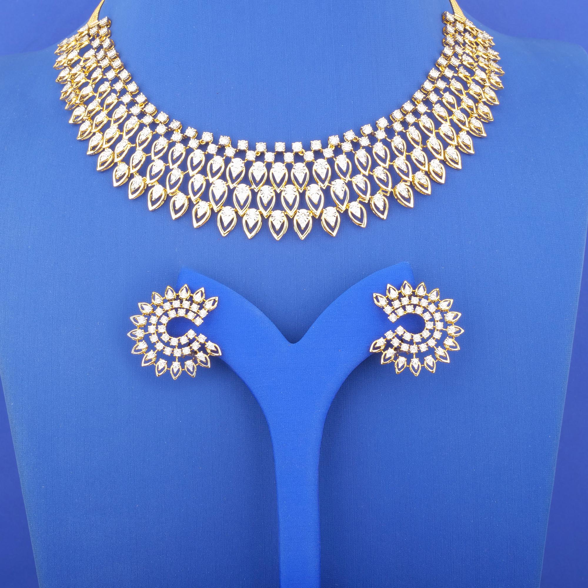 18K Yellow Gold Diamond Necklace and Earrings Set