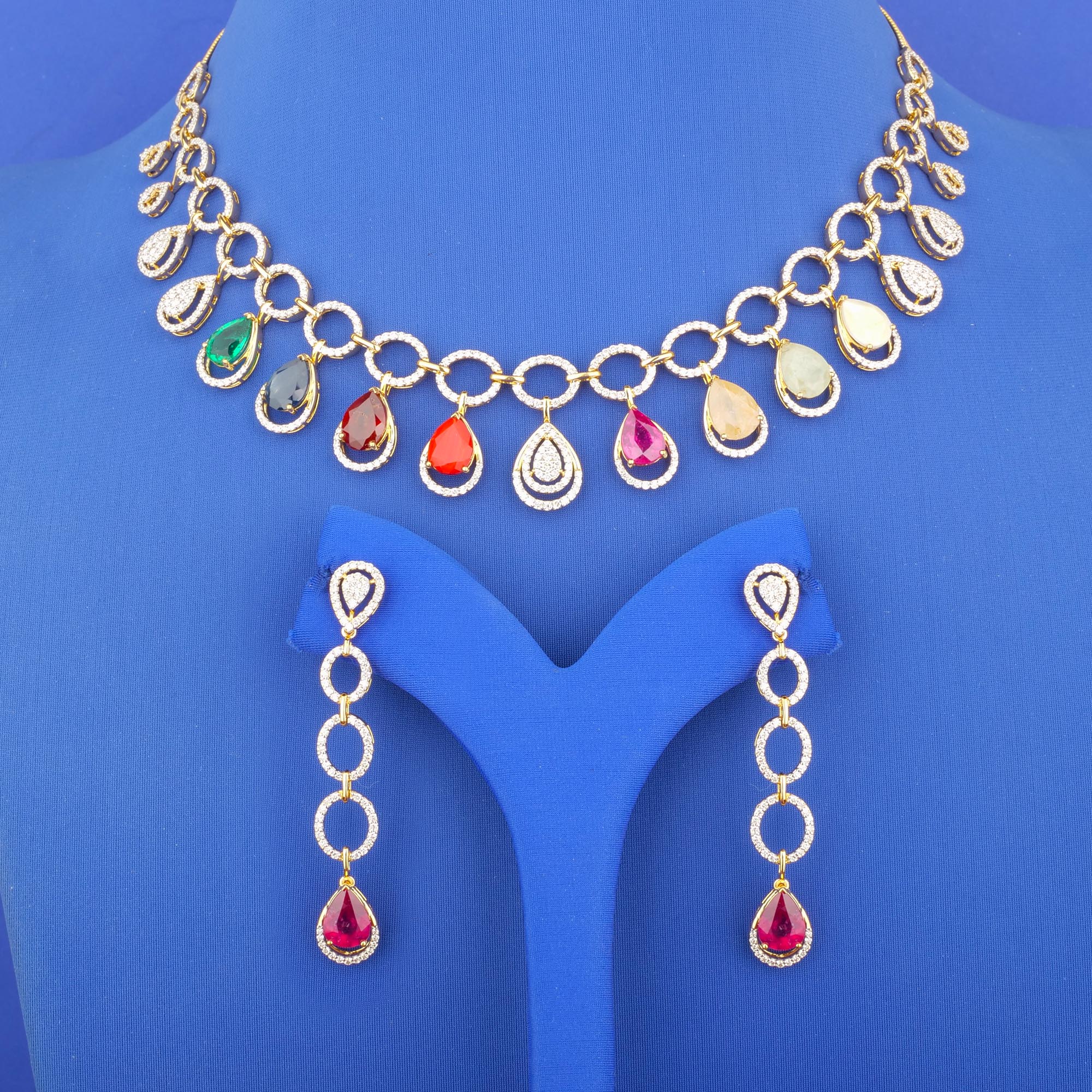 18K Yellow Gold Diamond 'Navratna' Necklace and Earrings Set