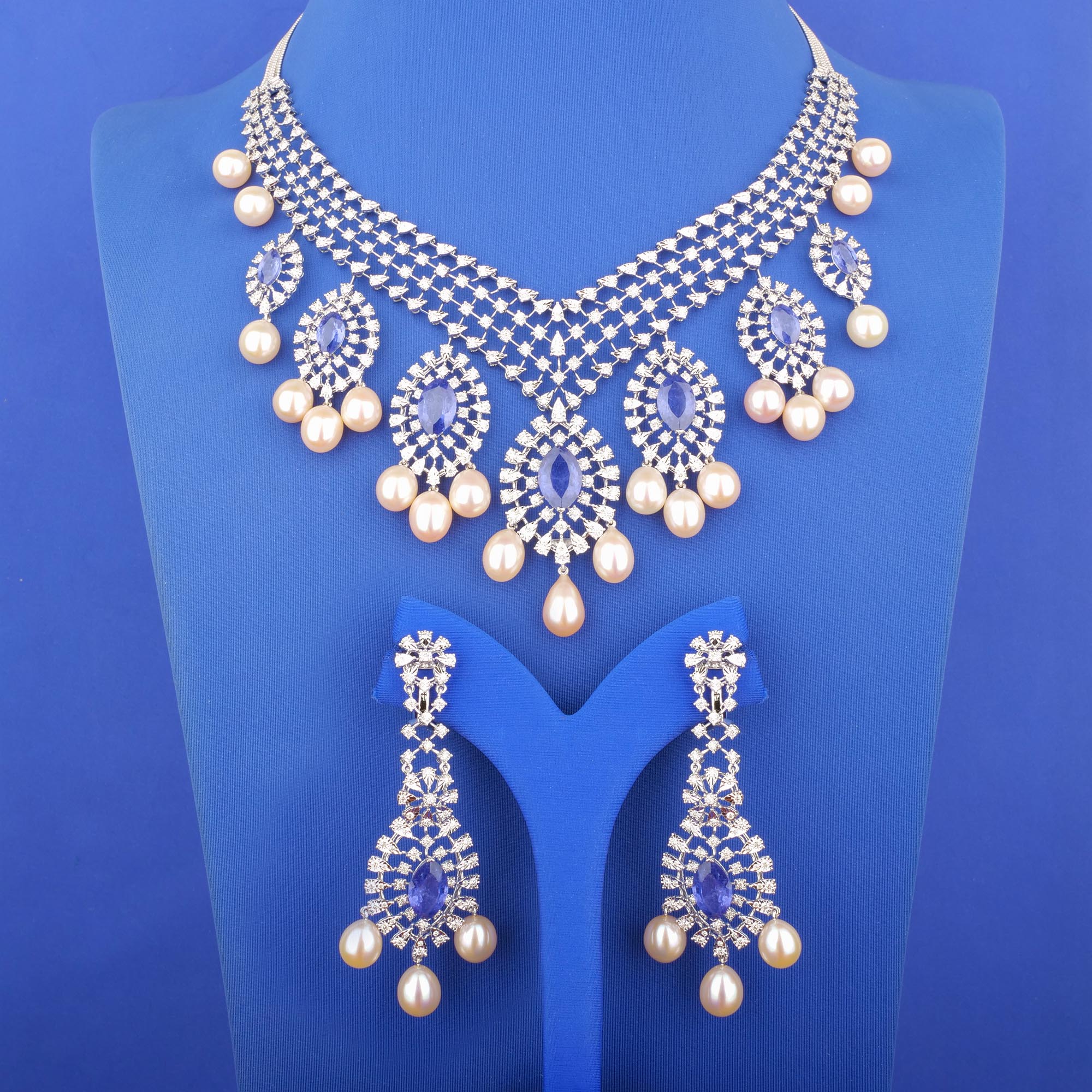 18K White Gold Diamond Tanzanite Pearl Necklace and Earrings Set