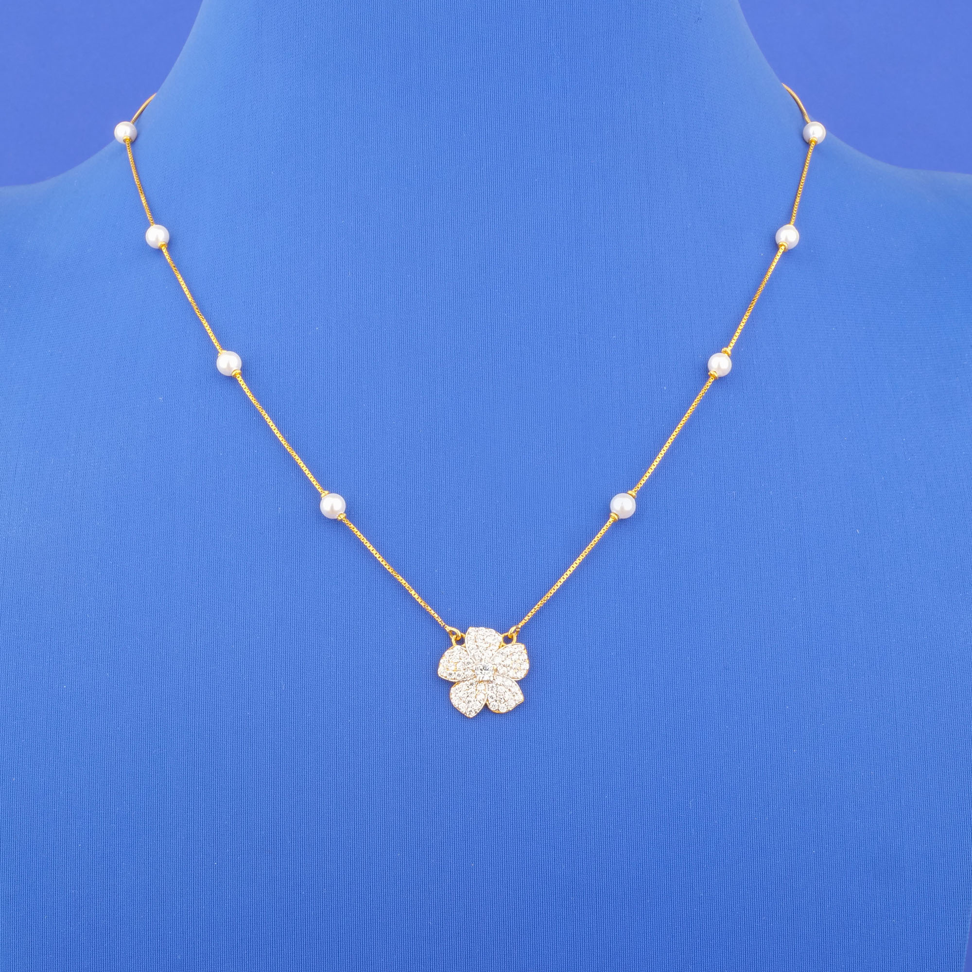Twenty-Two Karat Gold Cubic Zirconia Pearl Necklace