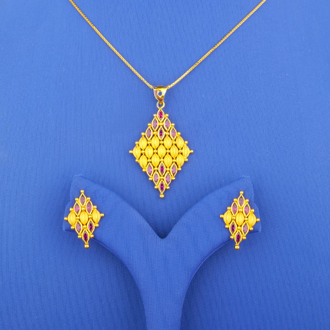 Twenty-Two Karat Gold Colored Stone Pendant and Earrings Set (chain not included)