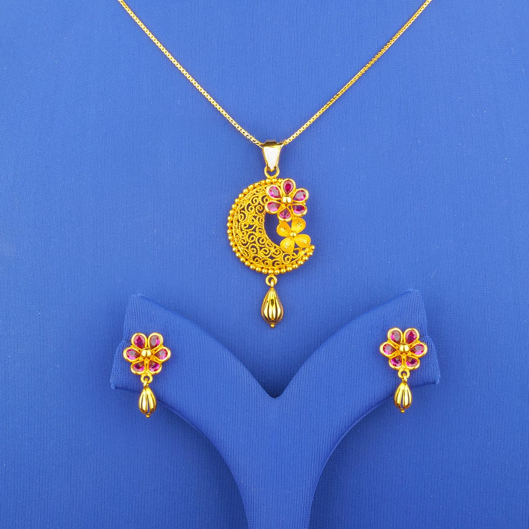 Twenty-Two Karat Gold Colored Stone Pendant and Earrings Set (chain not included)