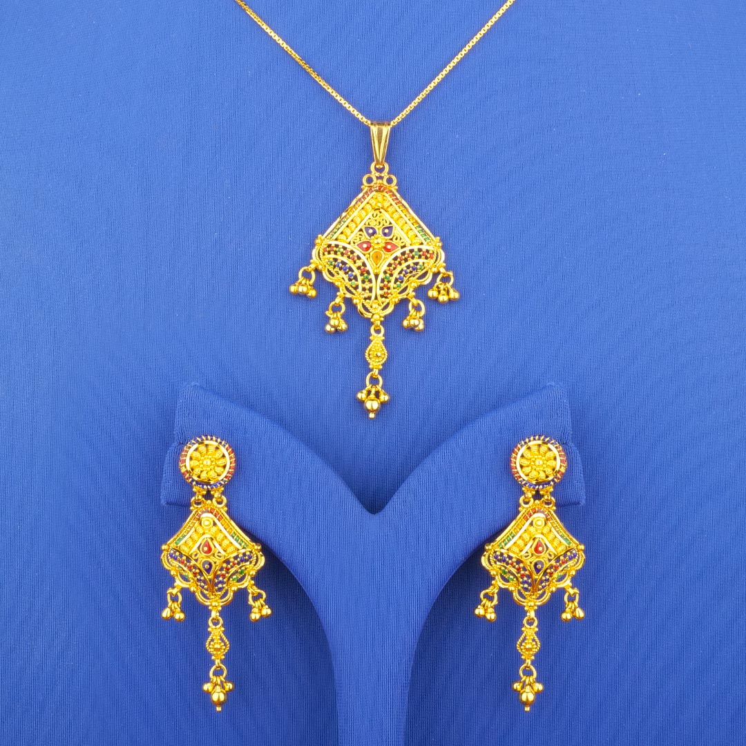 Twenty-Two Karat Minakari Gold Pendant and Earrings Set (chain not included)