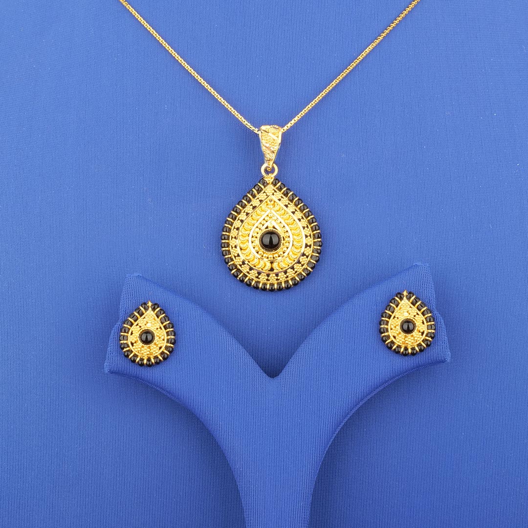 Twenty-Two Karat Gold Blackbead Pendant and Earrings Set (chain not included)