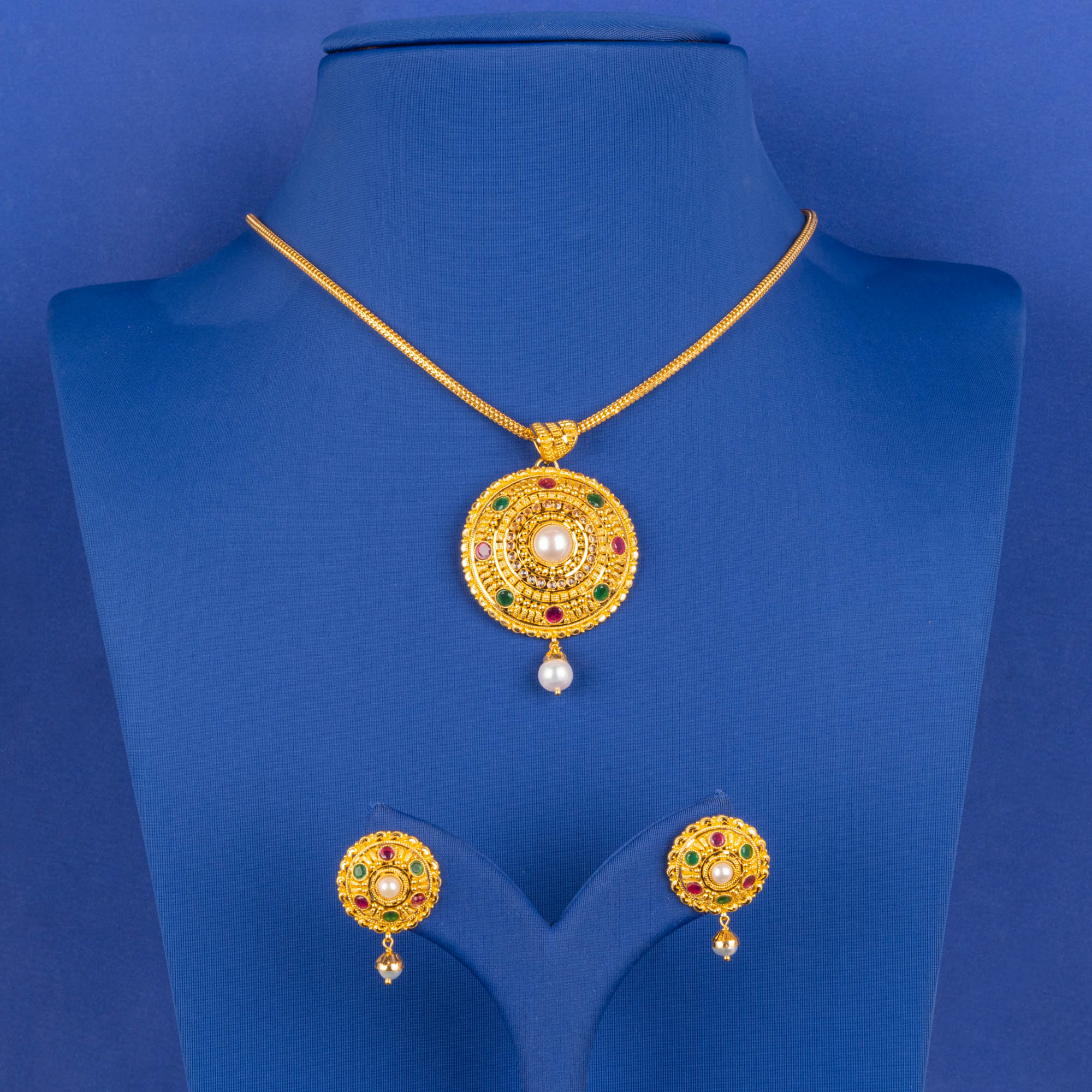 Handmade 22K Gold Multicolor Stone & Pearl Pendant and Earrings Set