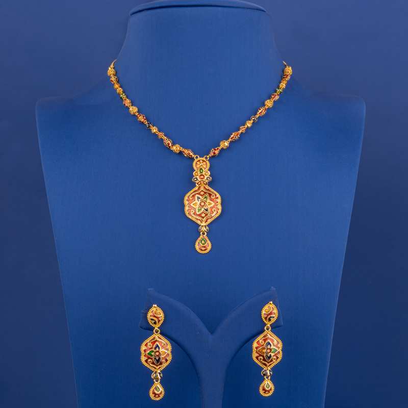 Diamond and Ruby Oval Pendant Necklace and Earrings Set in Yellow Gold