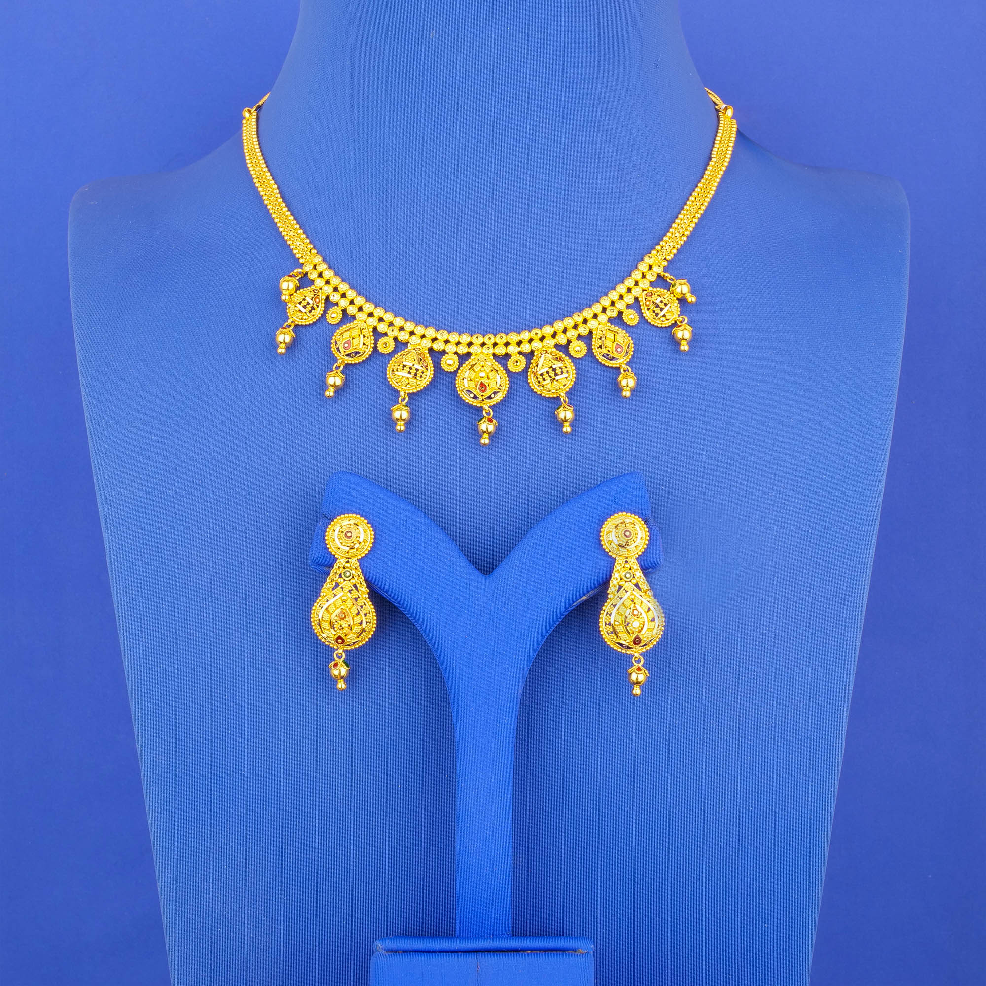 22K Gold Minakari Necklace and Earring Set