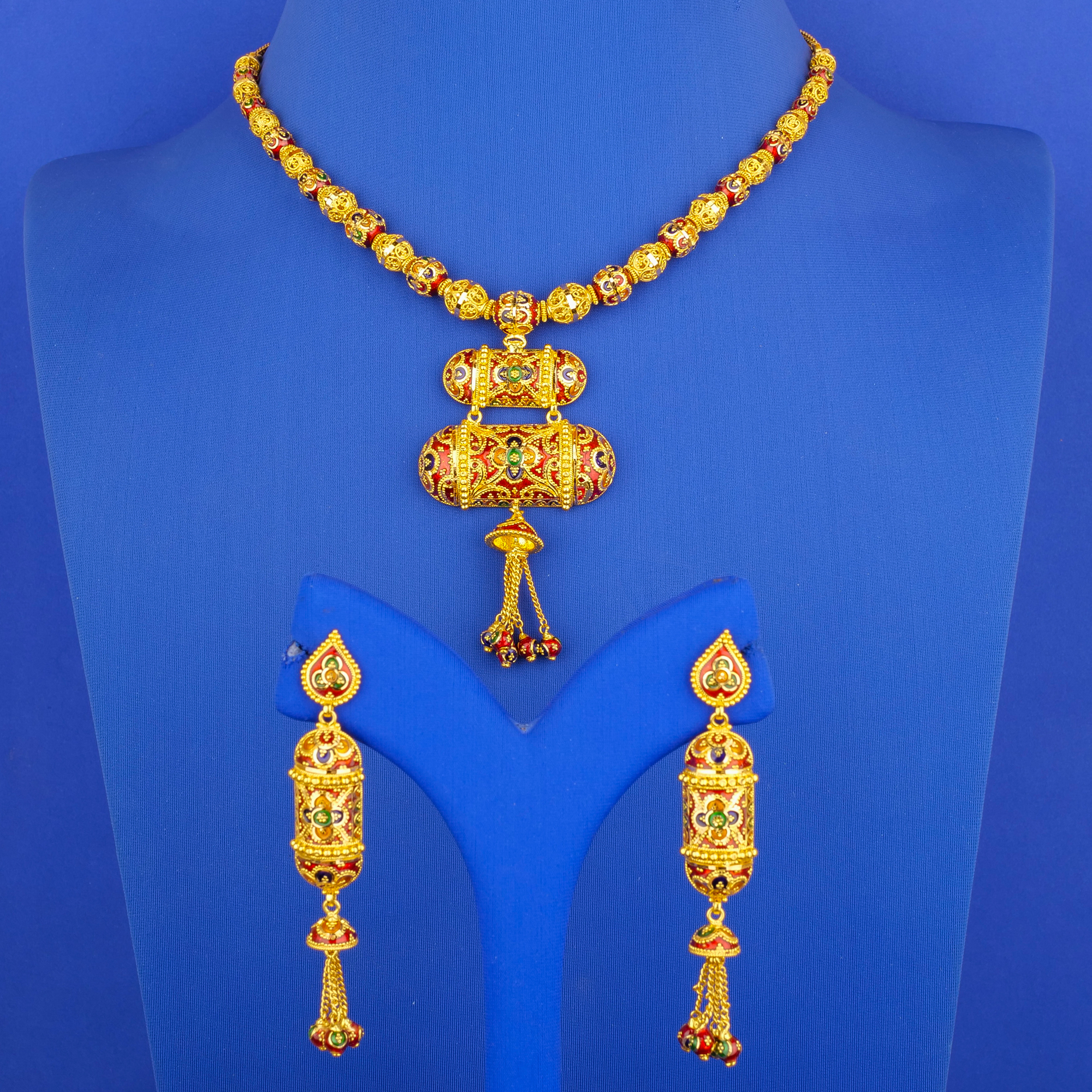 22K Gold Minakari Necklace and Earring Set