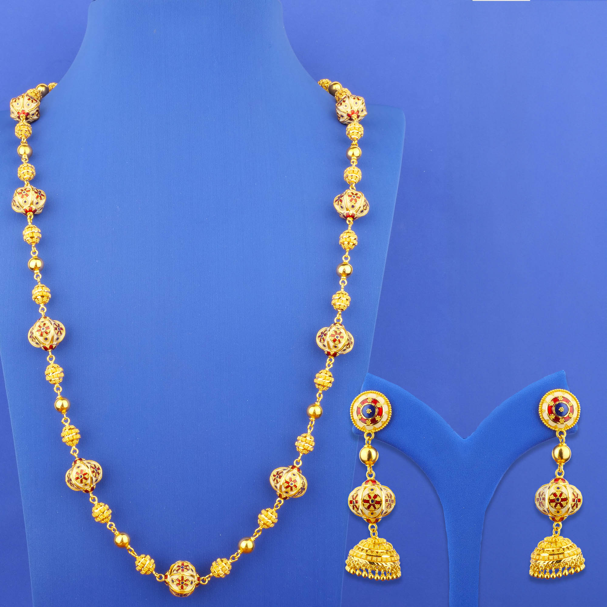 Twenty-Two Karat Minakari Gold Necklace and Earrings Set
