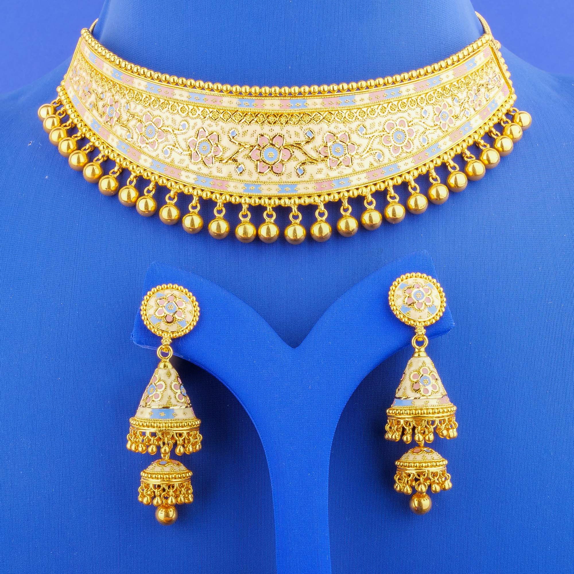 22K Minakari Gold Necklace, Earring, and Tikka Set (Cat. #35)