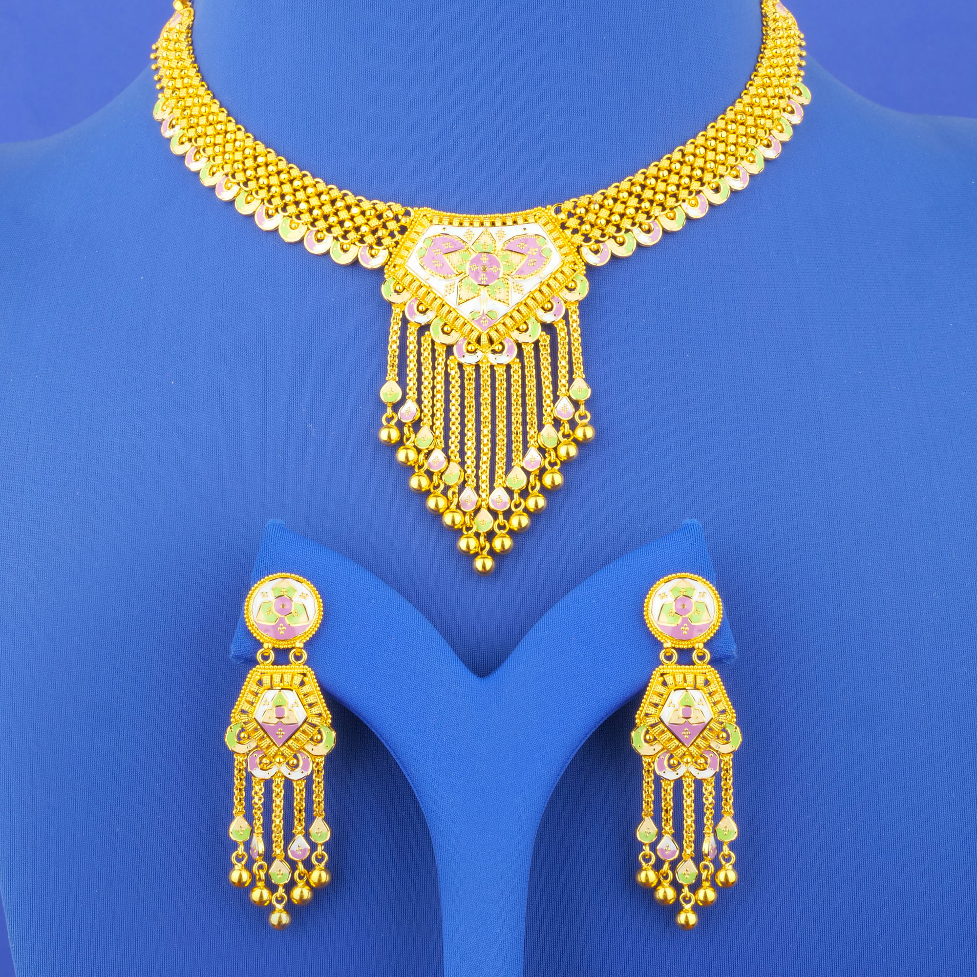 Twenty-Two Karat Minakari Gold Necklace and Earrings Set