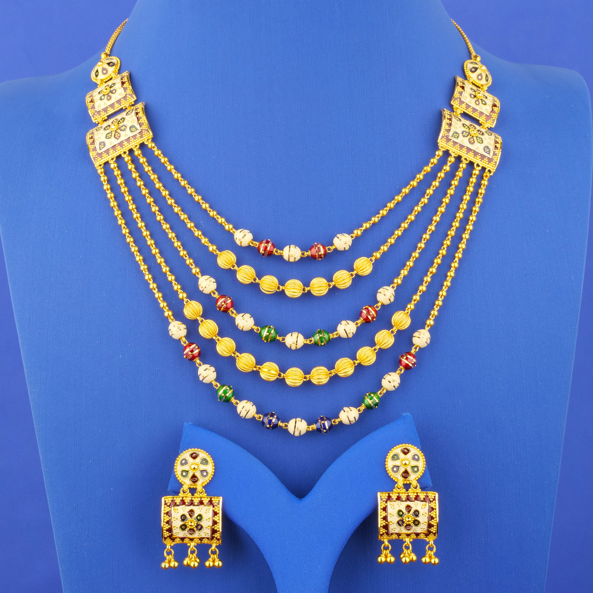 Twenty-Two Karat Minakari Gold 'Layered' Necklace and Earrings Set
