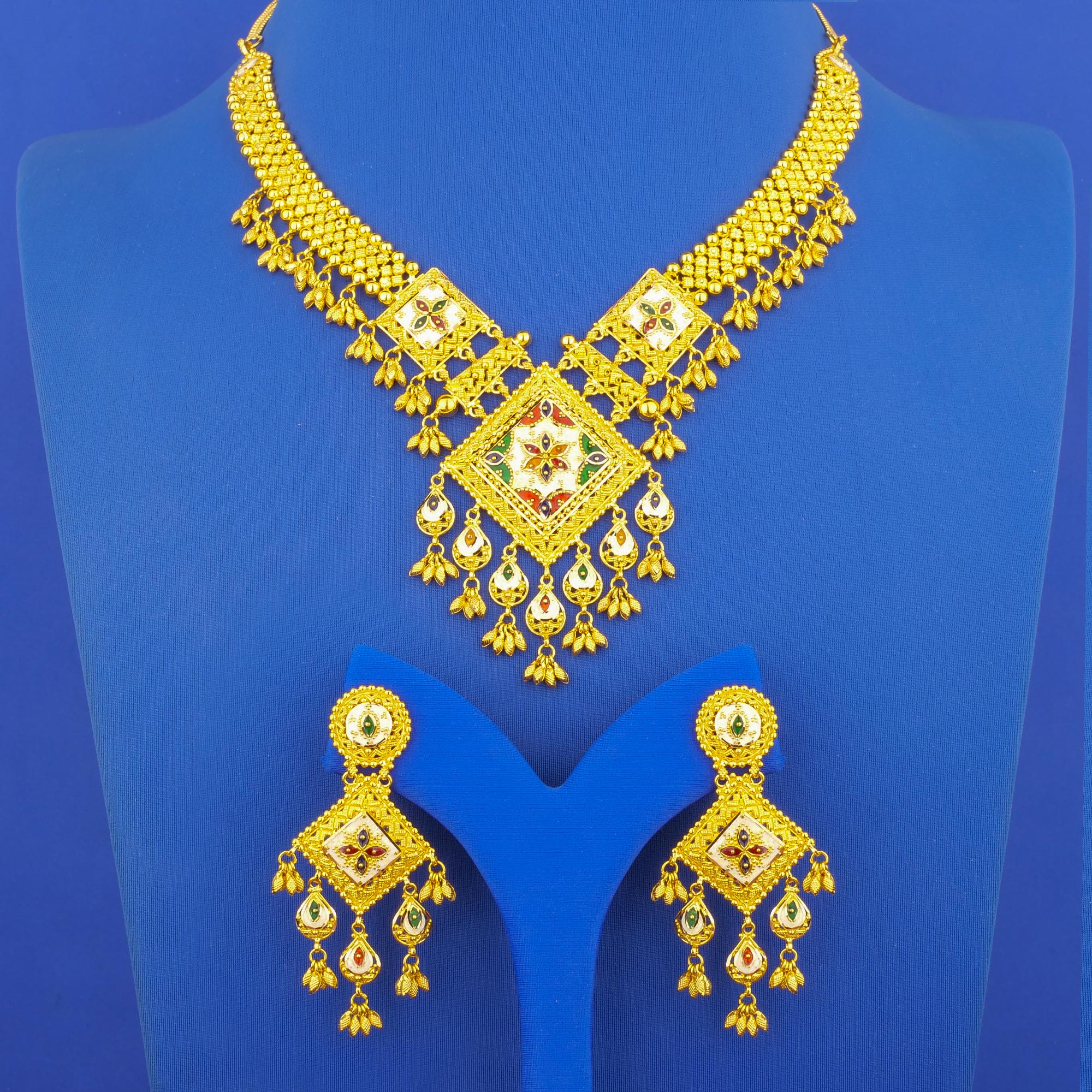 Twenty-Two Karat Minakari Gold Necklace and Earrings Set