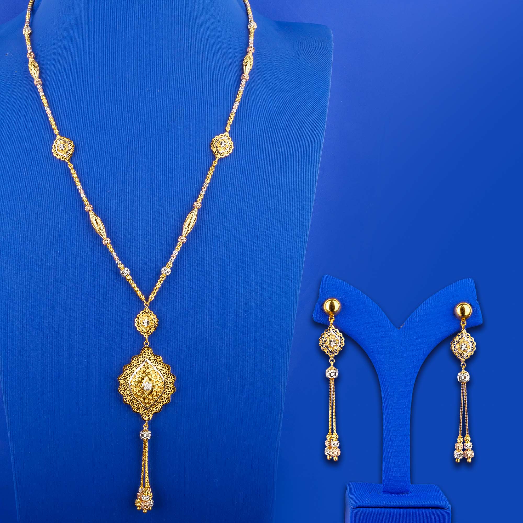 22K Tri-Color Gold Necklace and Earring Set