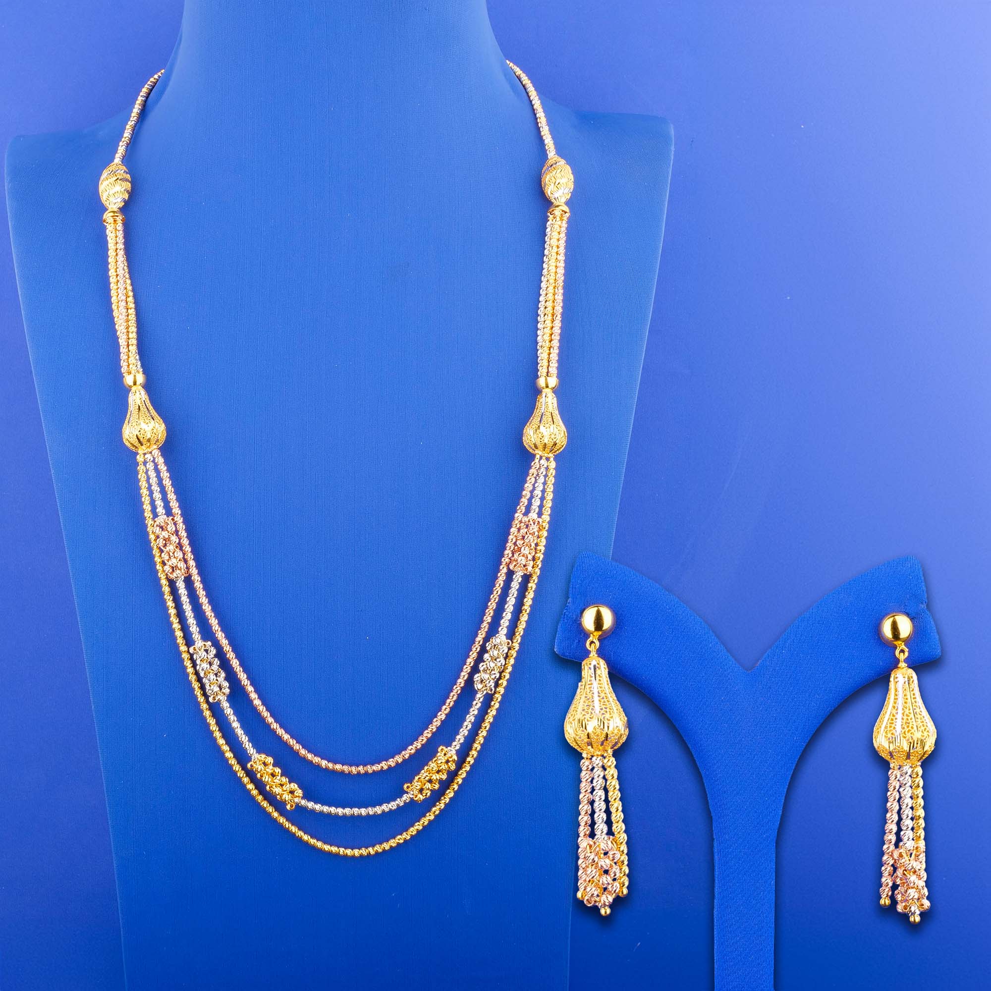 22K Tri-Color Gold Necklace and Earring Set