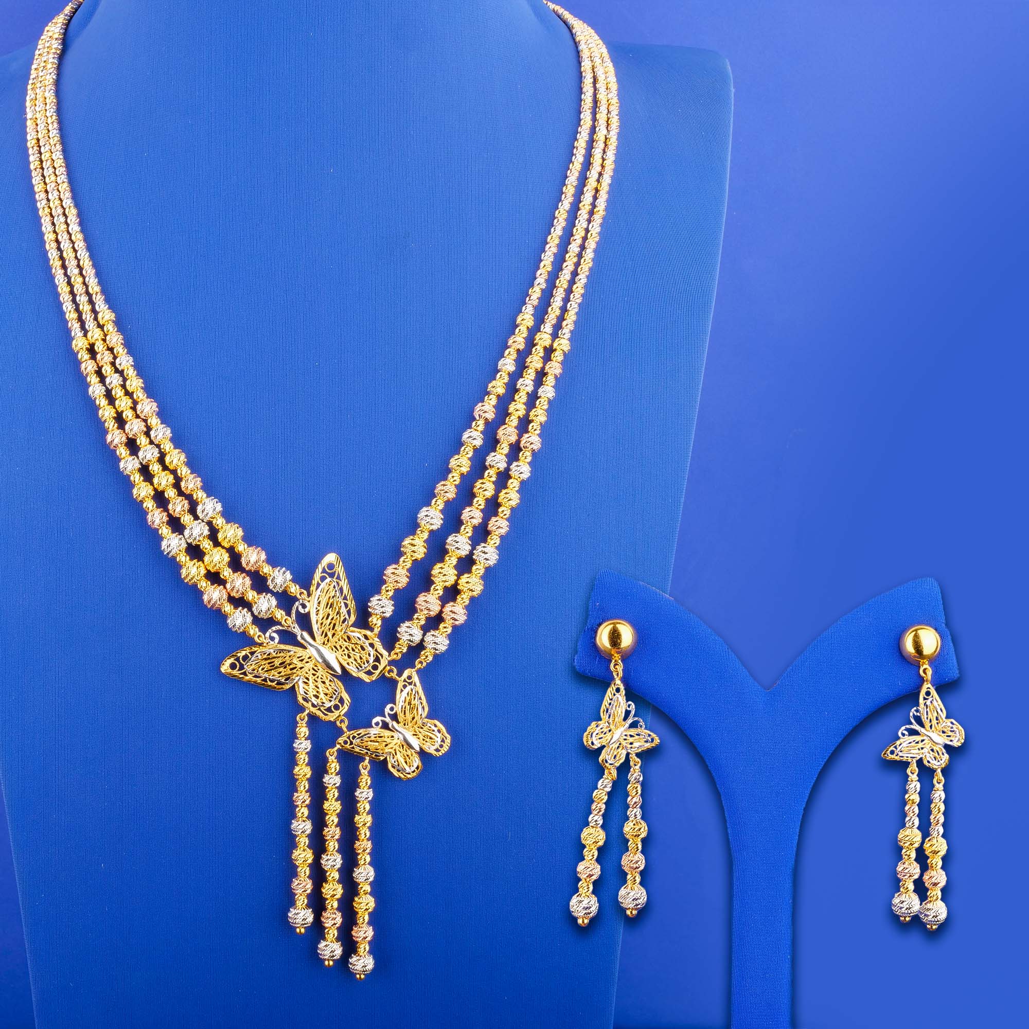 22K Tri-Color Gold Necklace and Earring Set