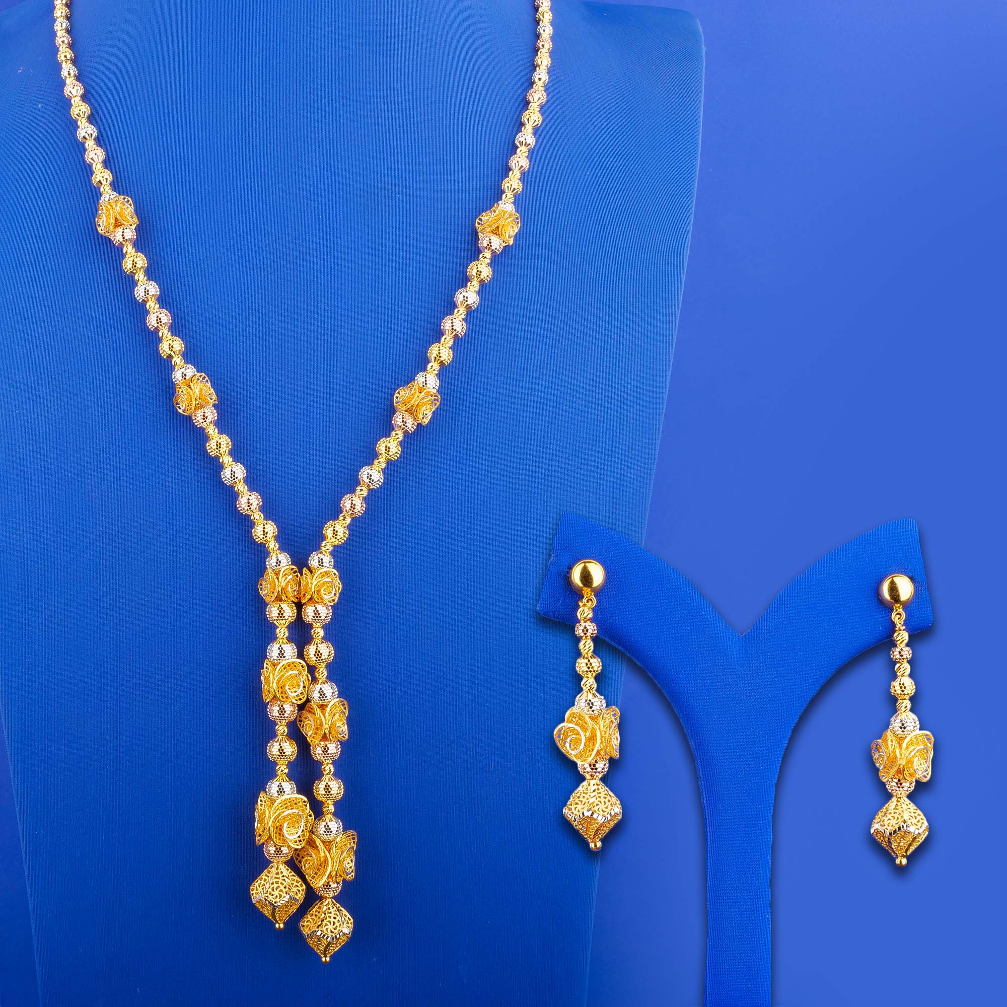 22K Tri-Color Gold Necklace and Earring Set