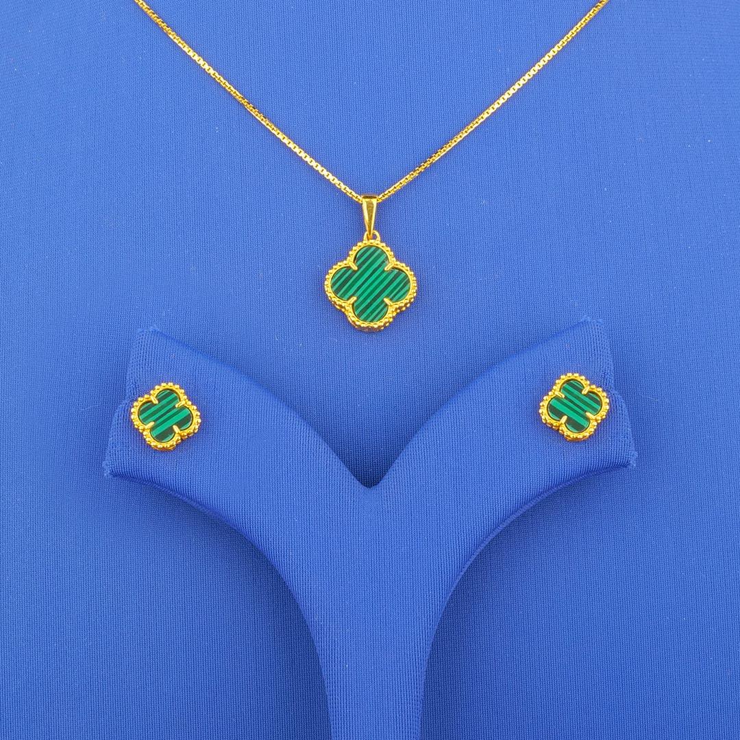 Twenty-Two Karat Gold Malachite Pendant and Earrings Set (chain not included)