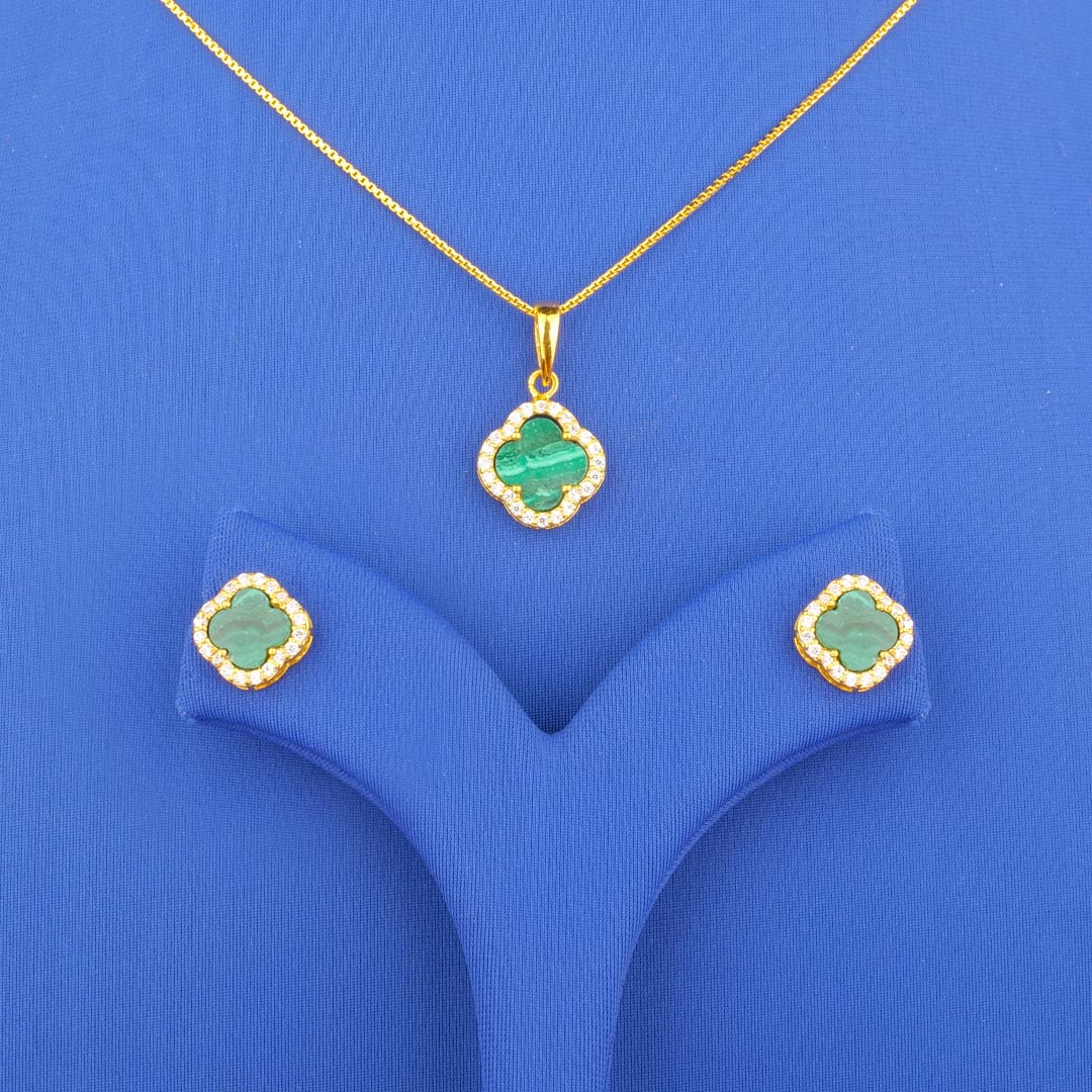Twenty-Two Karat Gold Malachite Cubic Zirconia Pendant and Earrings Set (chain not included)