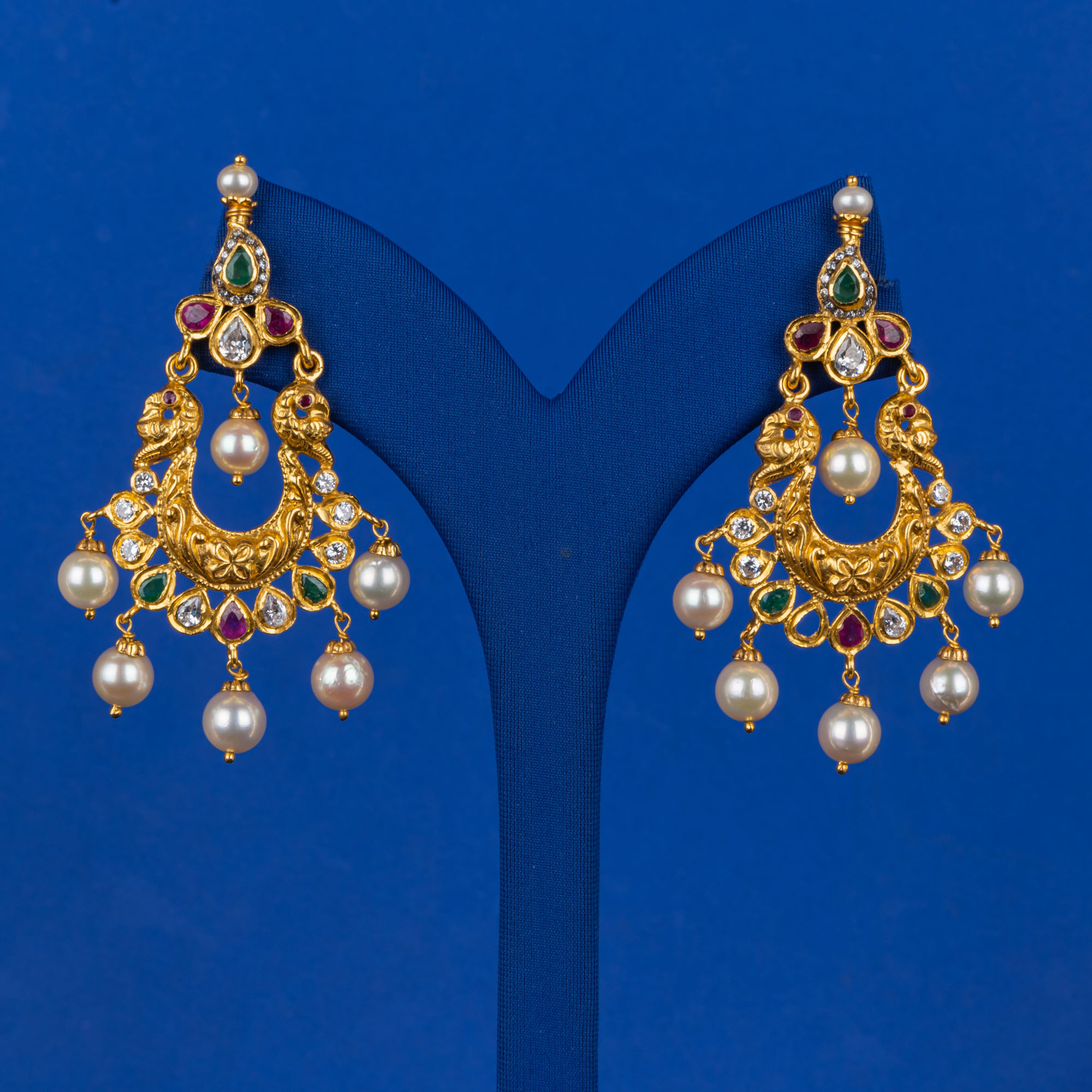Handmade 22K Gold Ruby Emerald Pearl and CZ Earrings