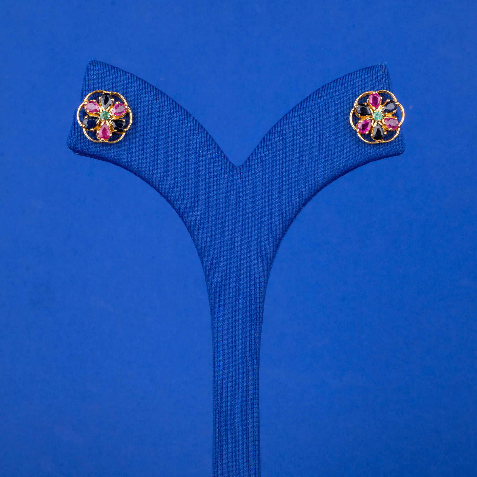22K Gold Ruby Sapphire Emerald Earrings