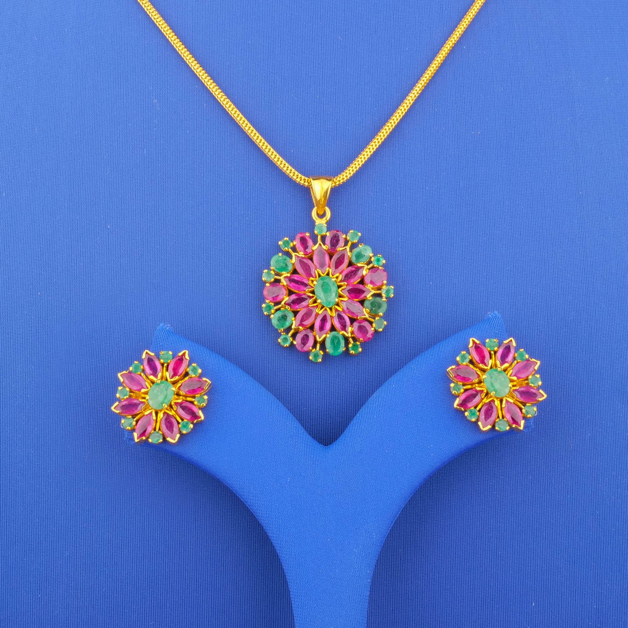 Twenty-Two Karat Gold Pendant and Earrings with Ruby and Emerald (chain not included)