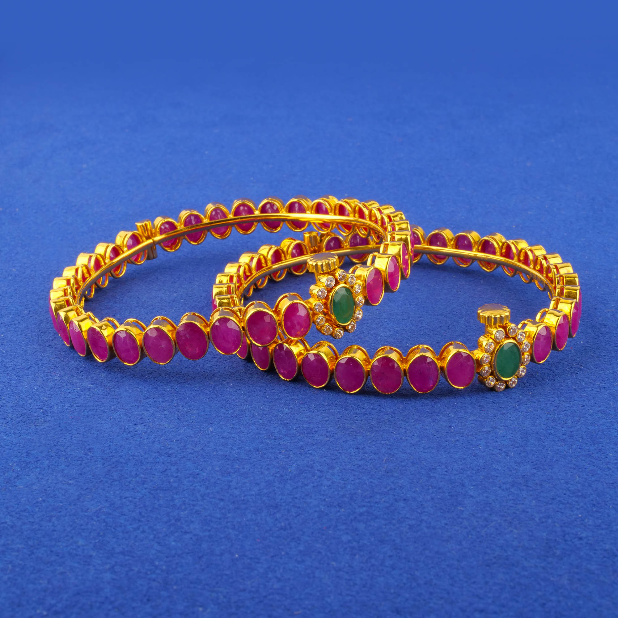 Twenty-Two Karat Gold Ruby Emerald Cubic Zirconia Bangles