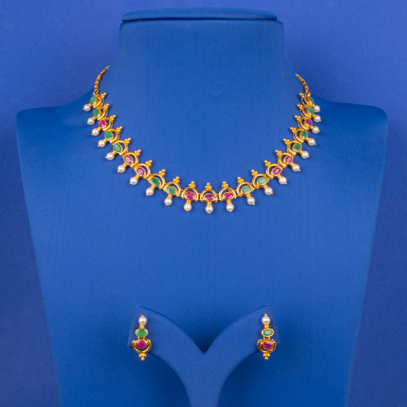 Handmade 22K Gold Ruby Emerald and Pearl Necklace & Earrings Set