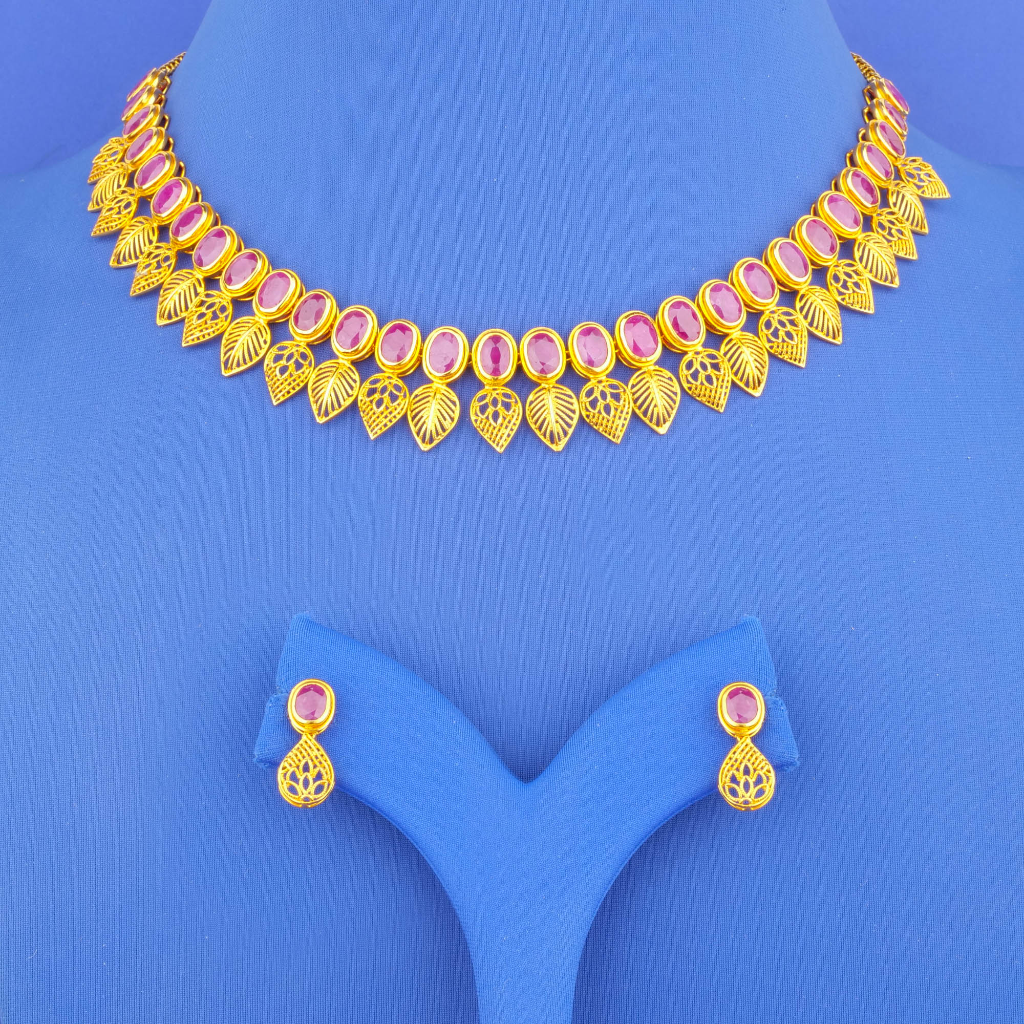22K Gold Ruby Necklace and Earrings Set