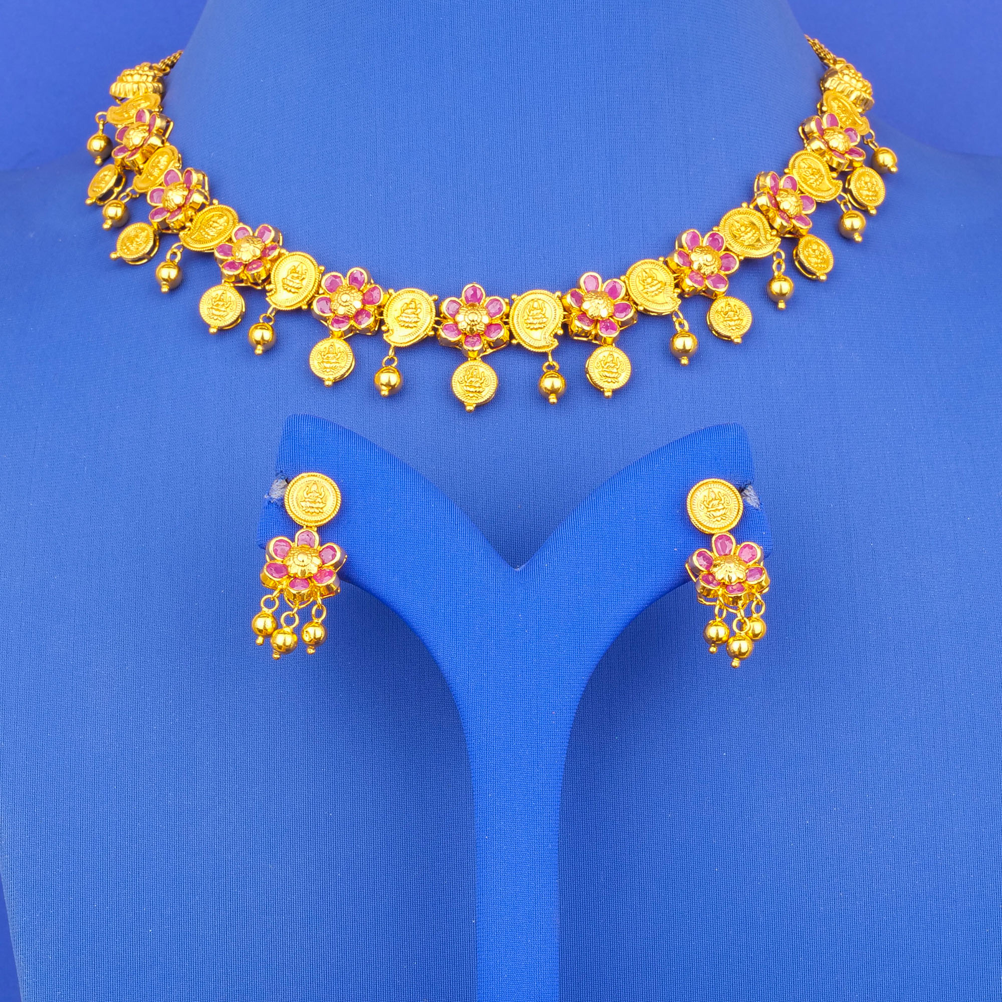 Ruby Embrace: Handmade 22K Gold 'Antique' Necklace & Earrings Set
