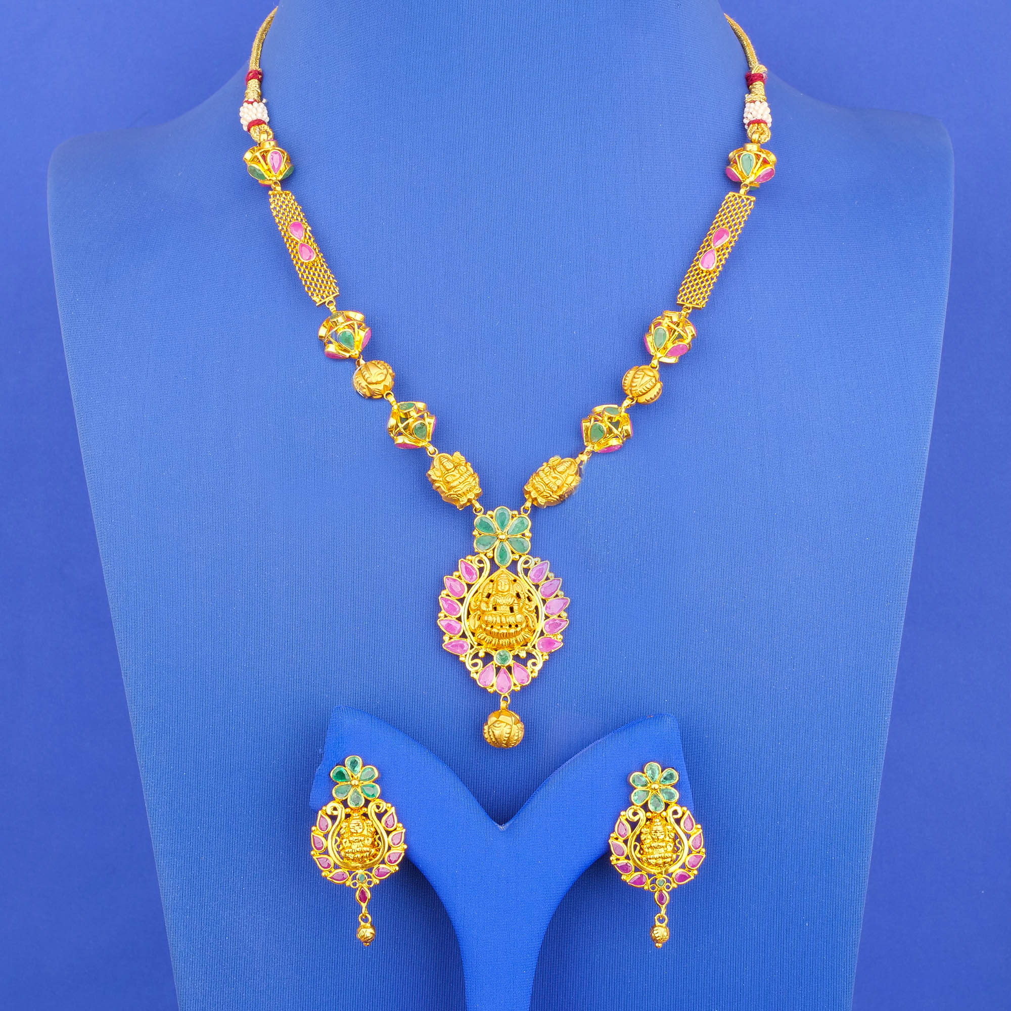 22K Gold Ruby and Emerald Necklace and Earring Set