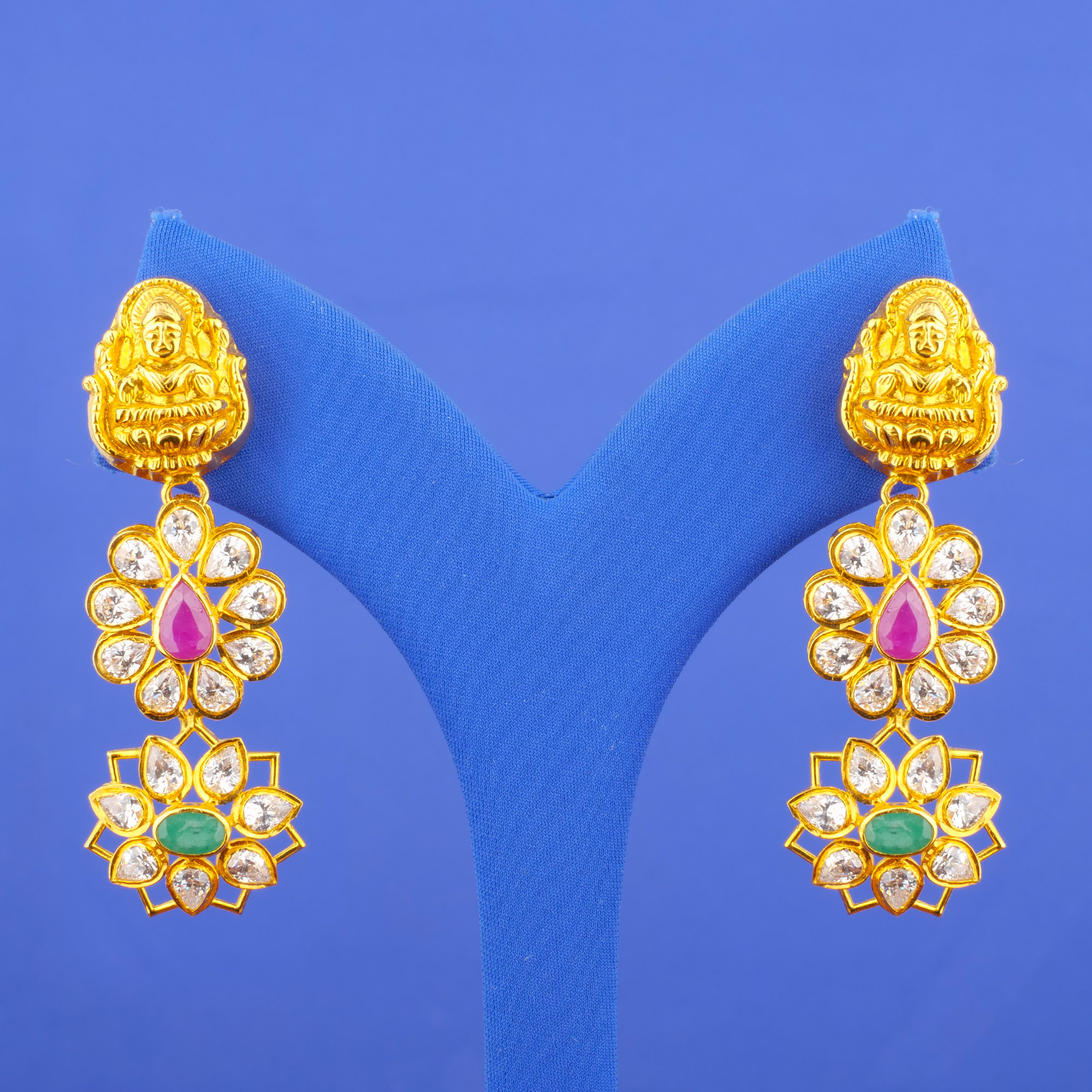 22K Gold Ruby Emerald Earrings