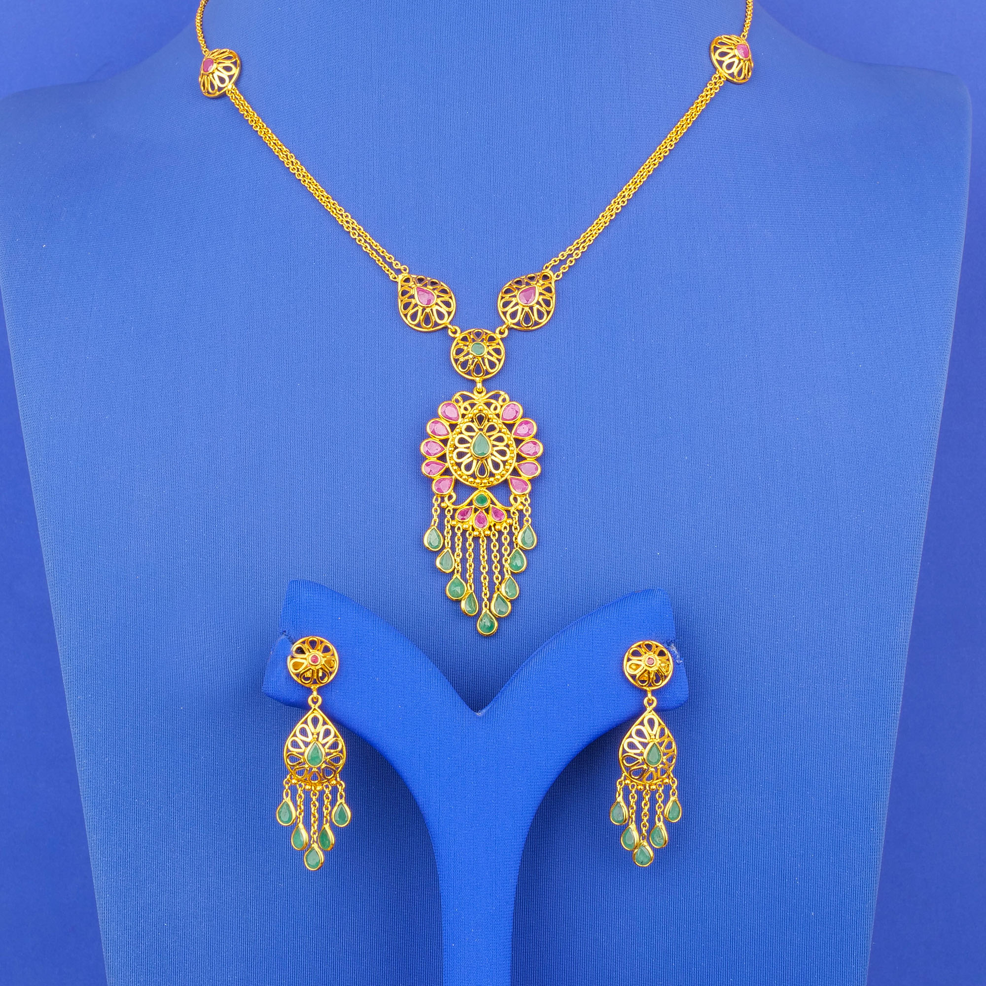 22K Gold, Ruby, Emerald Necklace and Earring Set