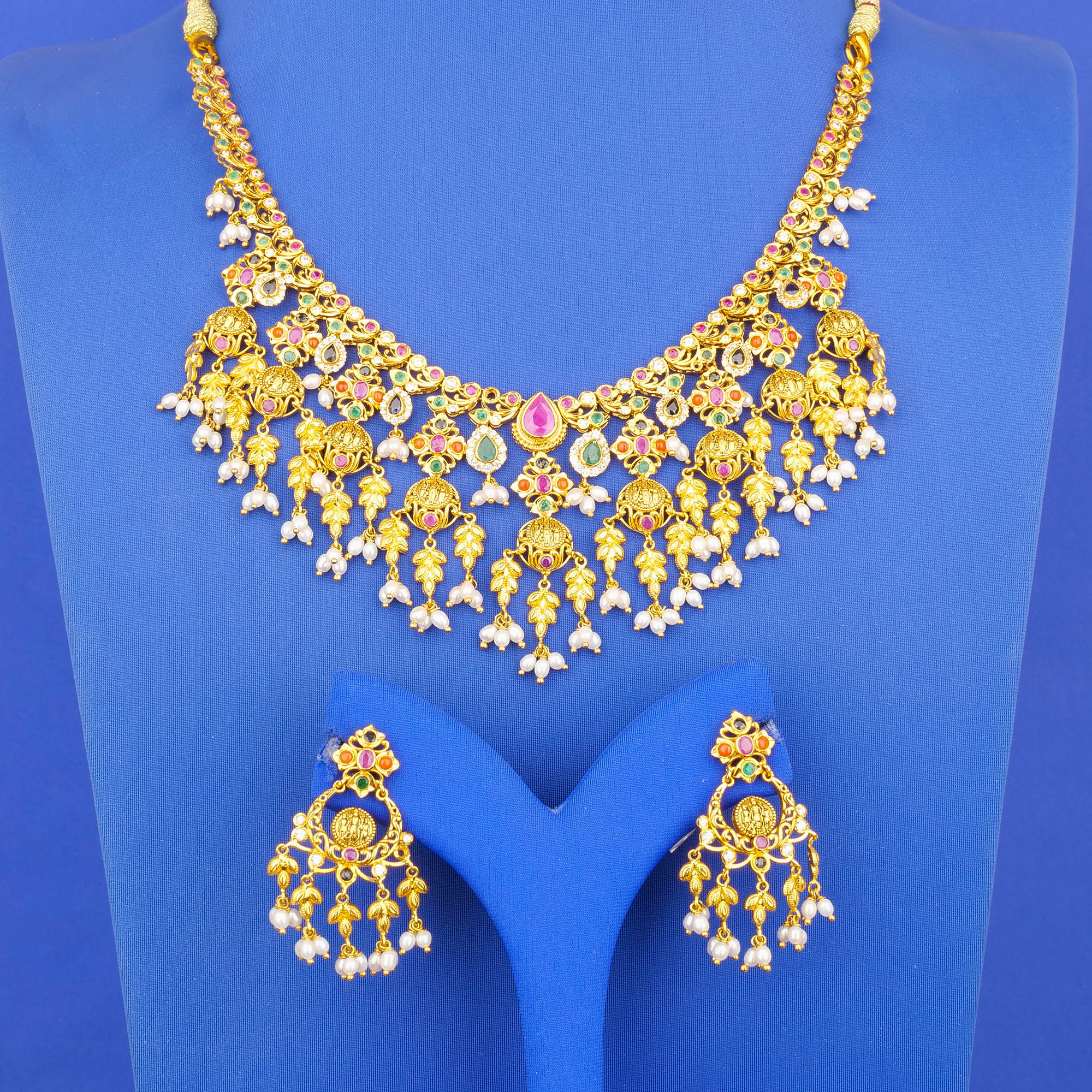 22K Gold Navratna Stone Necklace Earring Set