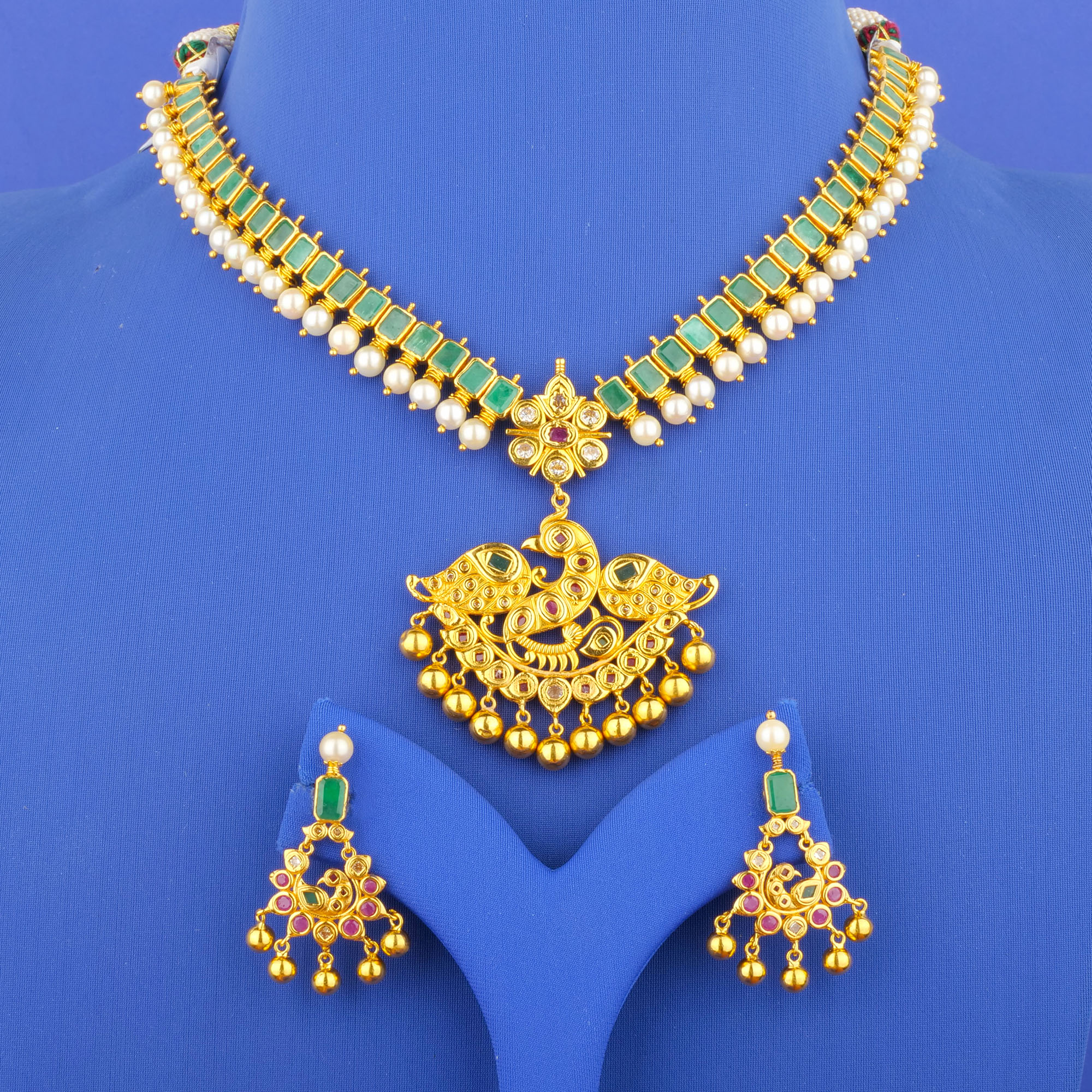 22K Ruby Emerald Cubic Zirconia Pearl Necklace Earring Set